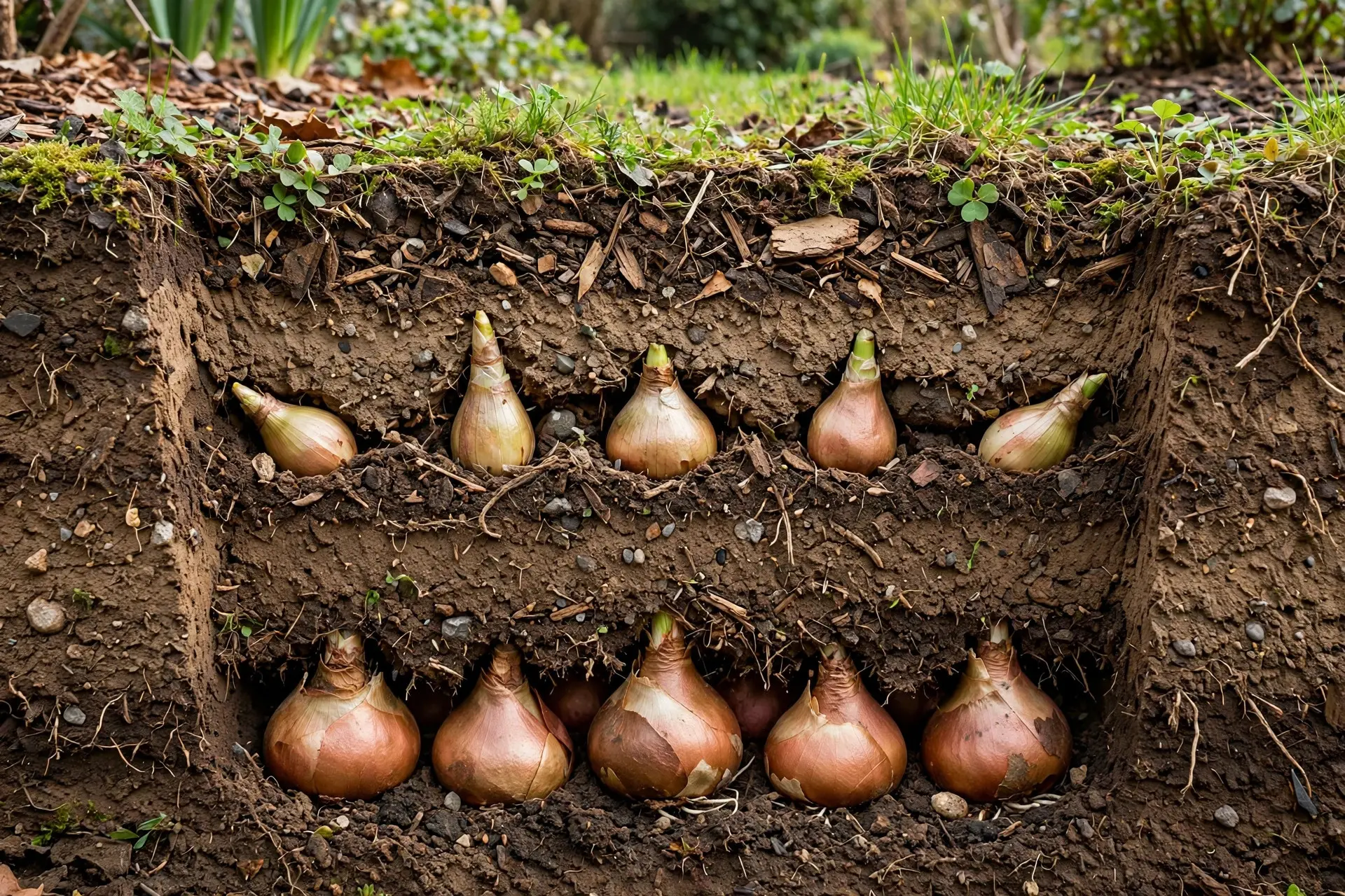 Fall Bulb Planting: Depths, Spacing and Timing for a Spring Garden That Blooms 7 Deep planting hole layered with tulips at the bottom and daffodils above for staggered blooms from fall bulb planting