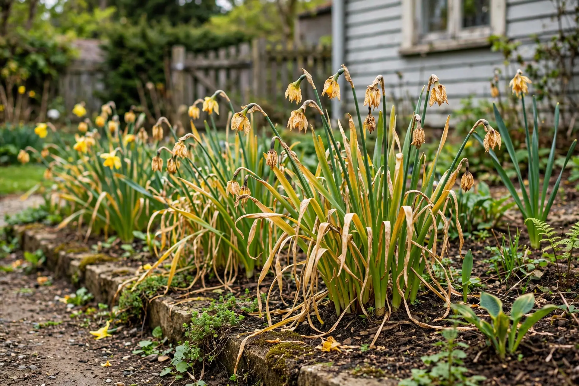 Fall Bulb Planting: Depths, Spacing and Timing for a Spring Garden That Blooms 8 Daffodil foliage dying back naturally after flowering, feeding the bulbs for next year after fall bulb planting