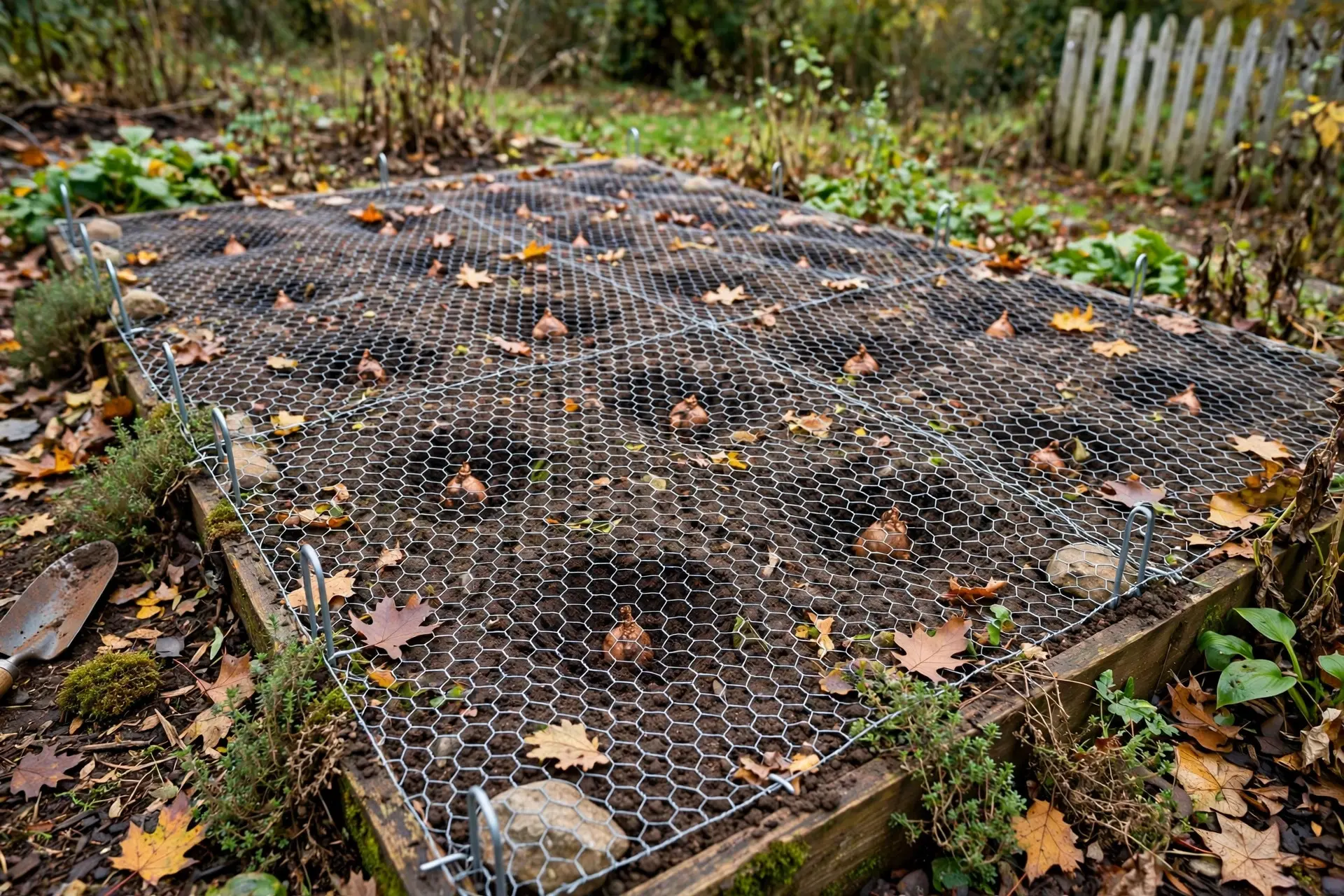 Fall Bulb Planting: Depths, Spacing and Timing for a Spring Garden That Blooms 9 Wire mesh laid over a newly planted fall bulb bed to keep digging animals out