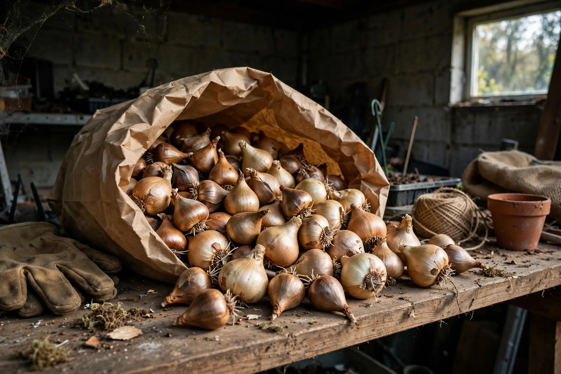 Fall Bulb Planting: Depths, Spacing and Timing for a Spring Garden That Blooms 2 Paper bag of tulip and daffodil bulbs stored in a cool dark garage while waiting to plant fall bulbs