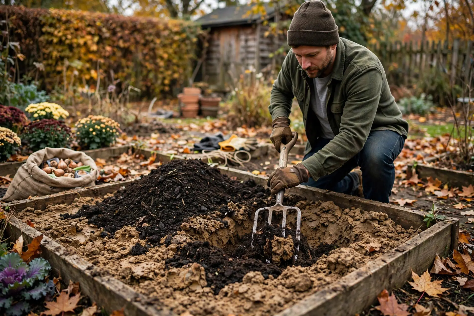 Fall Bulb Planting: Depths, Spacing and Timing for a Spring Garden That Blooms 4 Gardener working compost into heavy clay soil to improve drainage before fall bulb planting