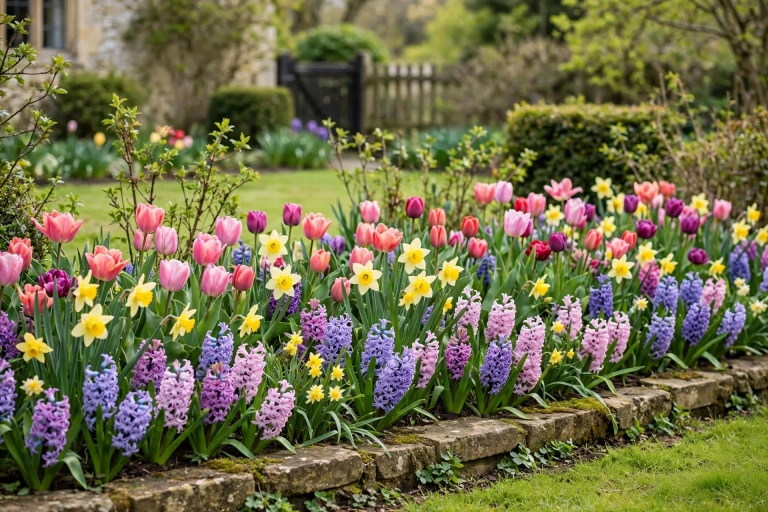 Spring garden border of tulips and daffodils in layered drifts, the reward of proper fall bulb planting