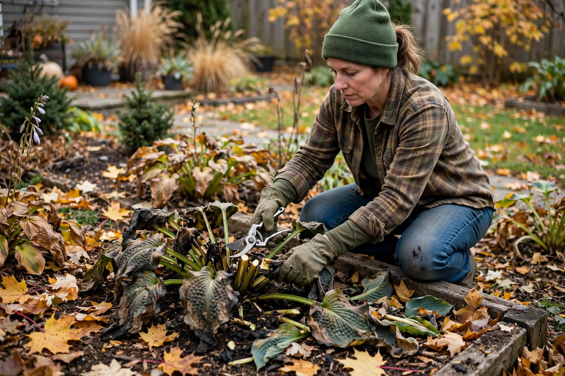 Fall Garden Cleanup: What to Cut Back and What to Leave 2 Gardener cutting back frost-damaged hosta foliage with pruning shears as part of fall garden cleanup