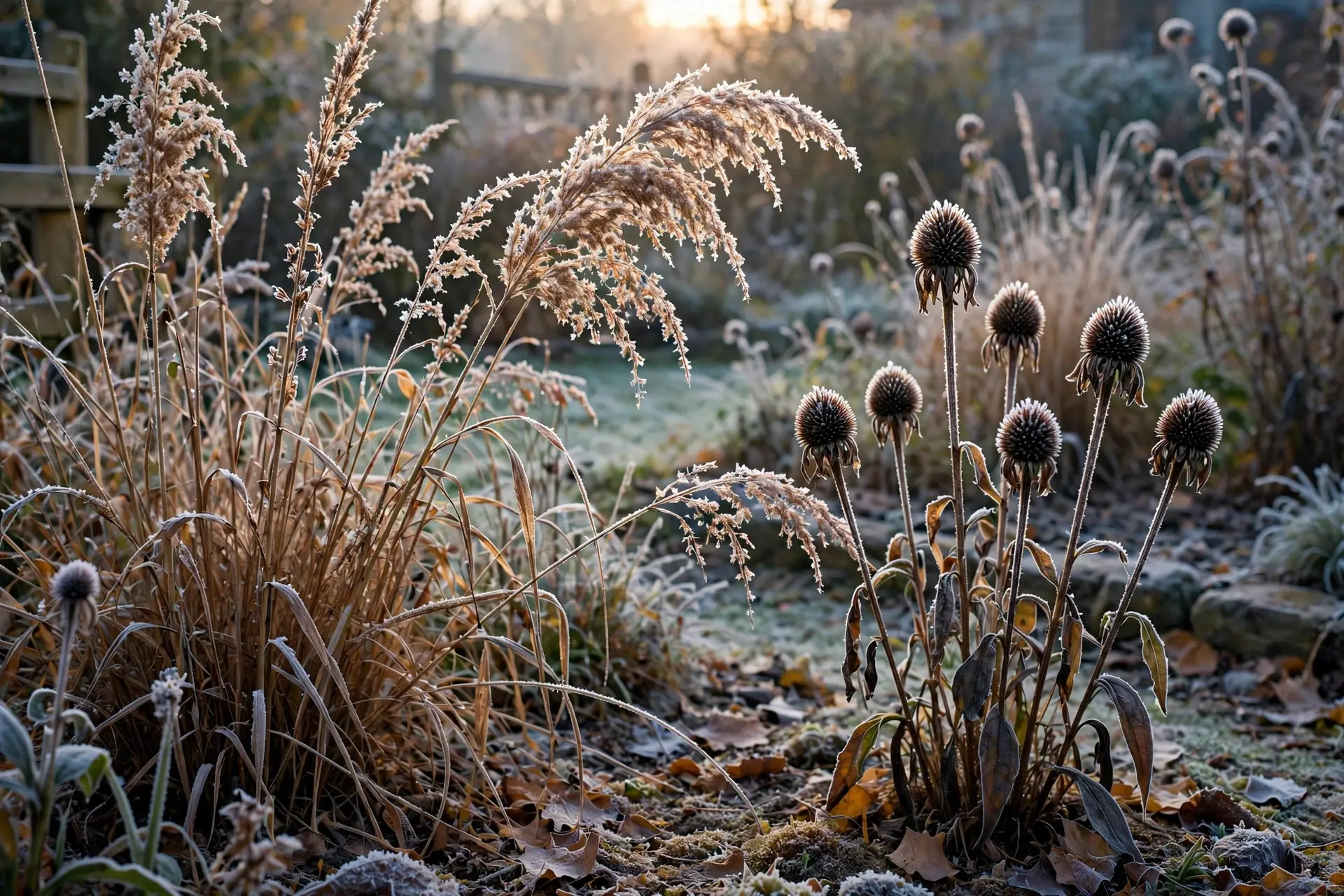 Fall Garden Cleanup: What to Cut Back and What to Leave 3 Dried ornamental grasses and coneflower seed heads left standing in a frosty autumn garden until spring during fall garden cleanup