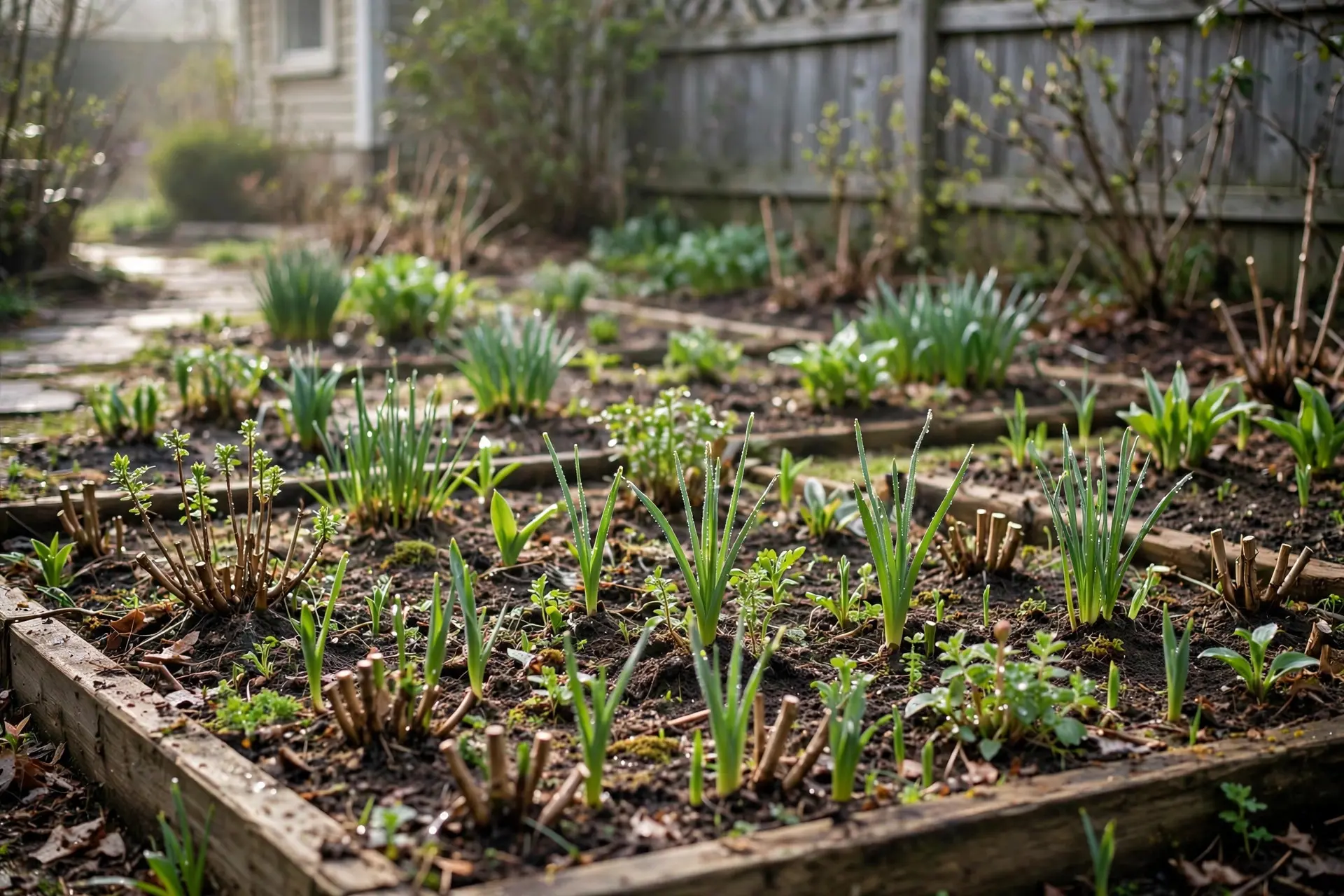 Fall Garden Cleanup: What to Cut Back and What to Leave 6 Early spring garden with new shoots emerging from cleared perennial beds after spring cleanup instead of fall cleanup