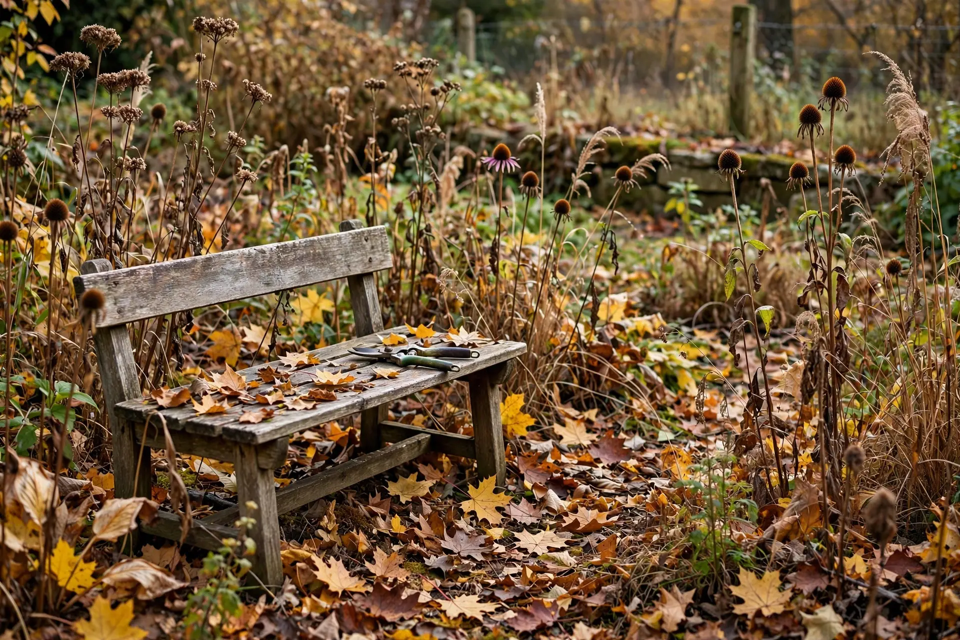 Fall Garden Cleanup: What to Cut Back and What to Leave 8 Autumn garden intentionally left natural with standing seed heads and pruning shears resting unused, showing what not to do in fall garden cleanup