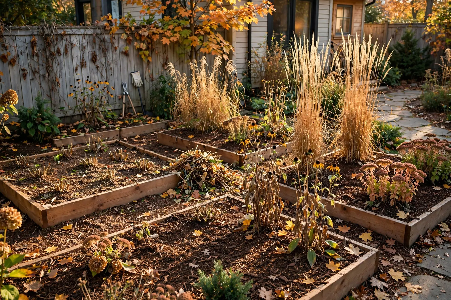Fall Garden Cleanup: What to Cut Back and What to Leave 9 Tidy autumn garden after a selective fall garden cleanup with neat mulched beds in warm fall sunlight