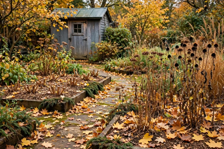 Autumn garden in fall with golden leaves on beds, some perennials cut back and others standing, showing a selective fall garden cleanup