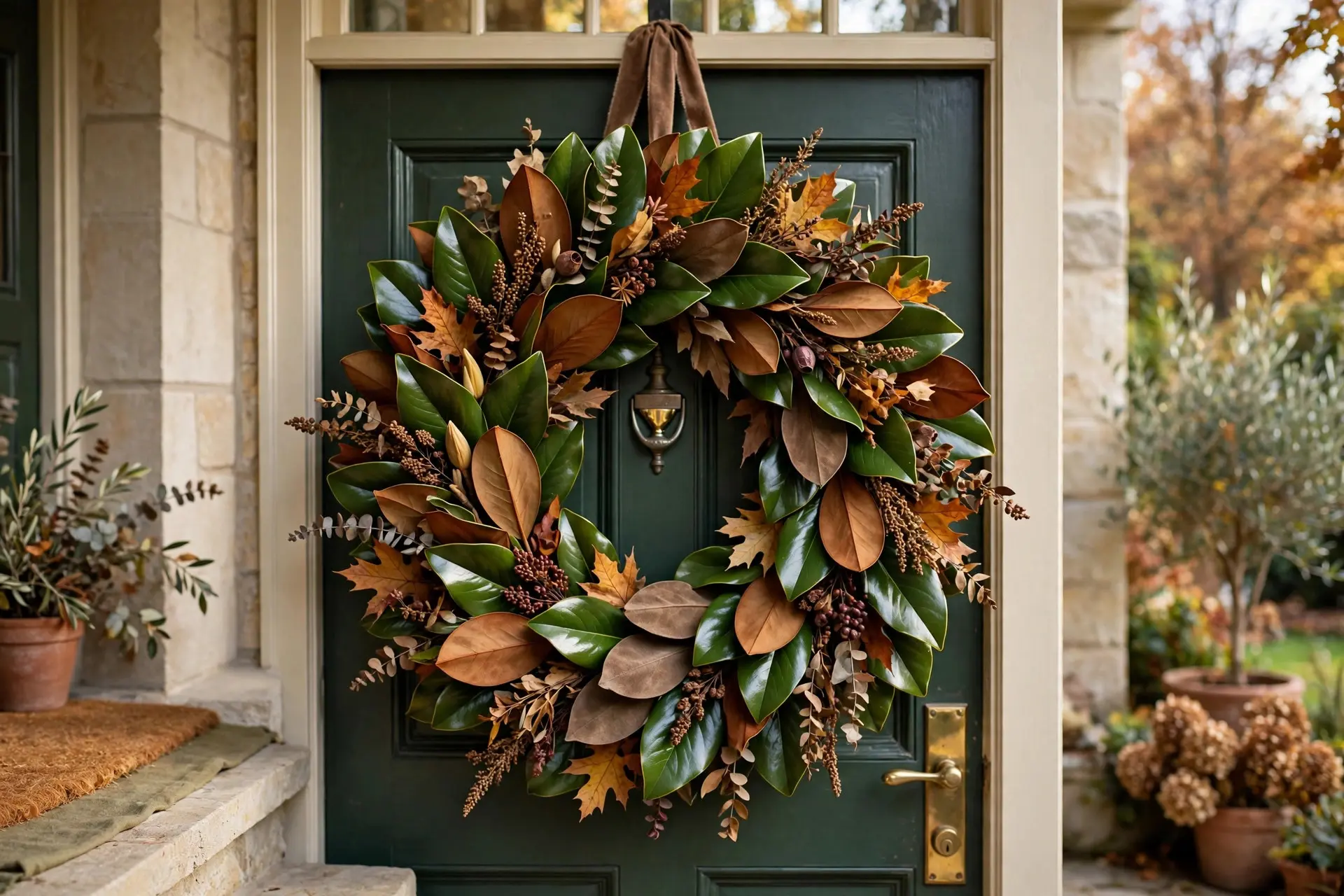 Fall Wreath Ideas That Look Expensive and Survive the Weather 4 Preserved magnolia leaf fall wreath with green and brown suede-like foliage