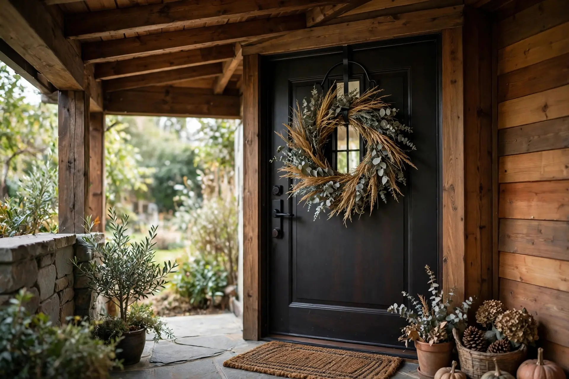 Fall Wreath Ideas That Look Expensive and Survive the Weather 8 Fall wreath hanging sheltered under a deep porch overhang to survive weather