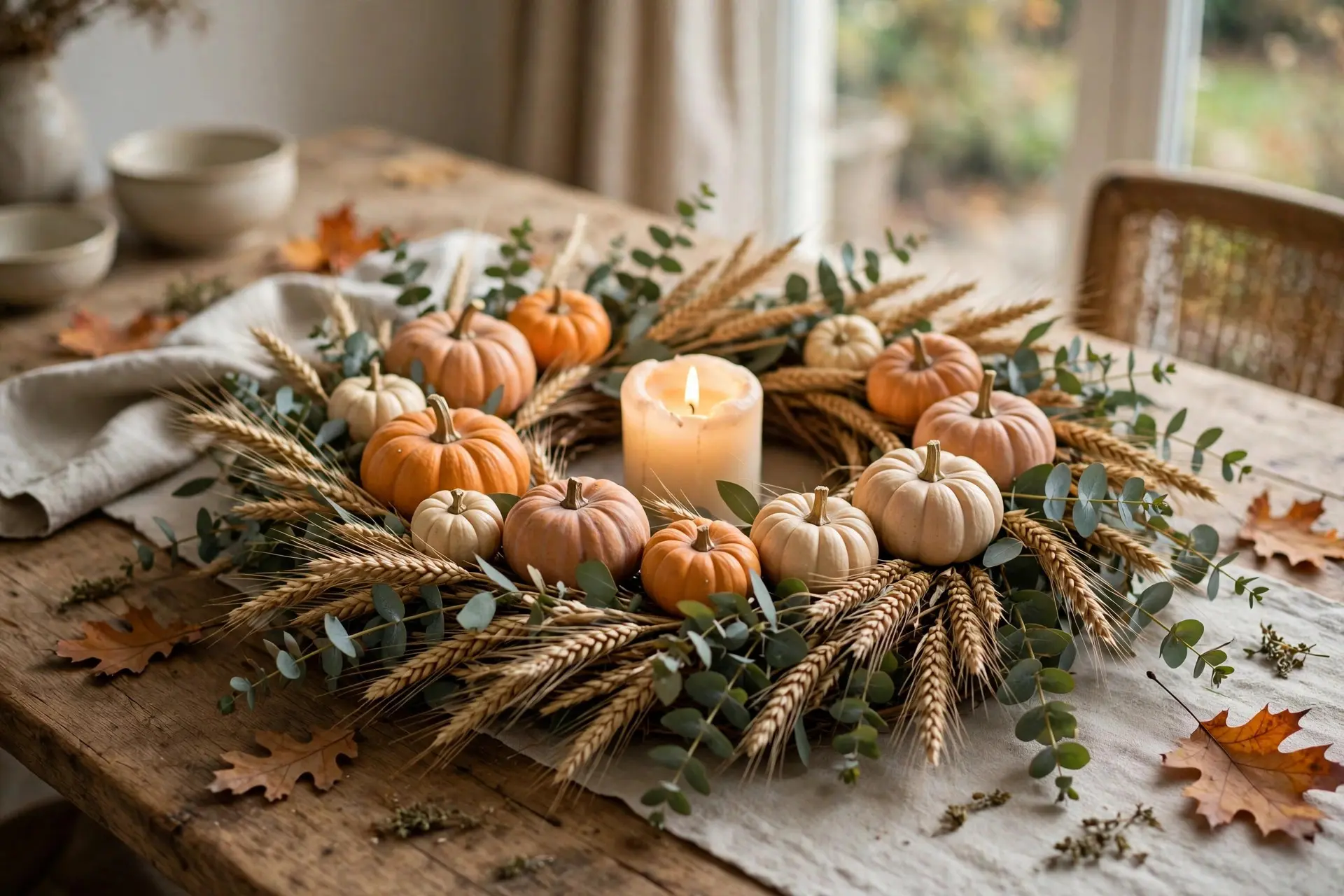 Fall Wreath Ideas That Look Expensive and Survive the Weather 9 Fall wreath laid flat on a dining table as an autumn centerpiece with a candle