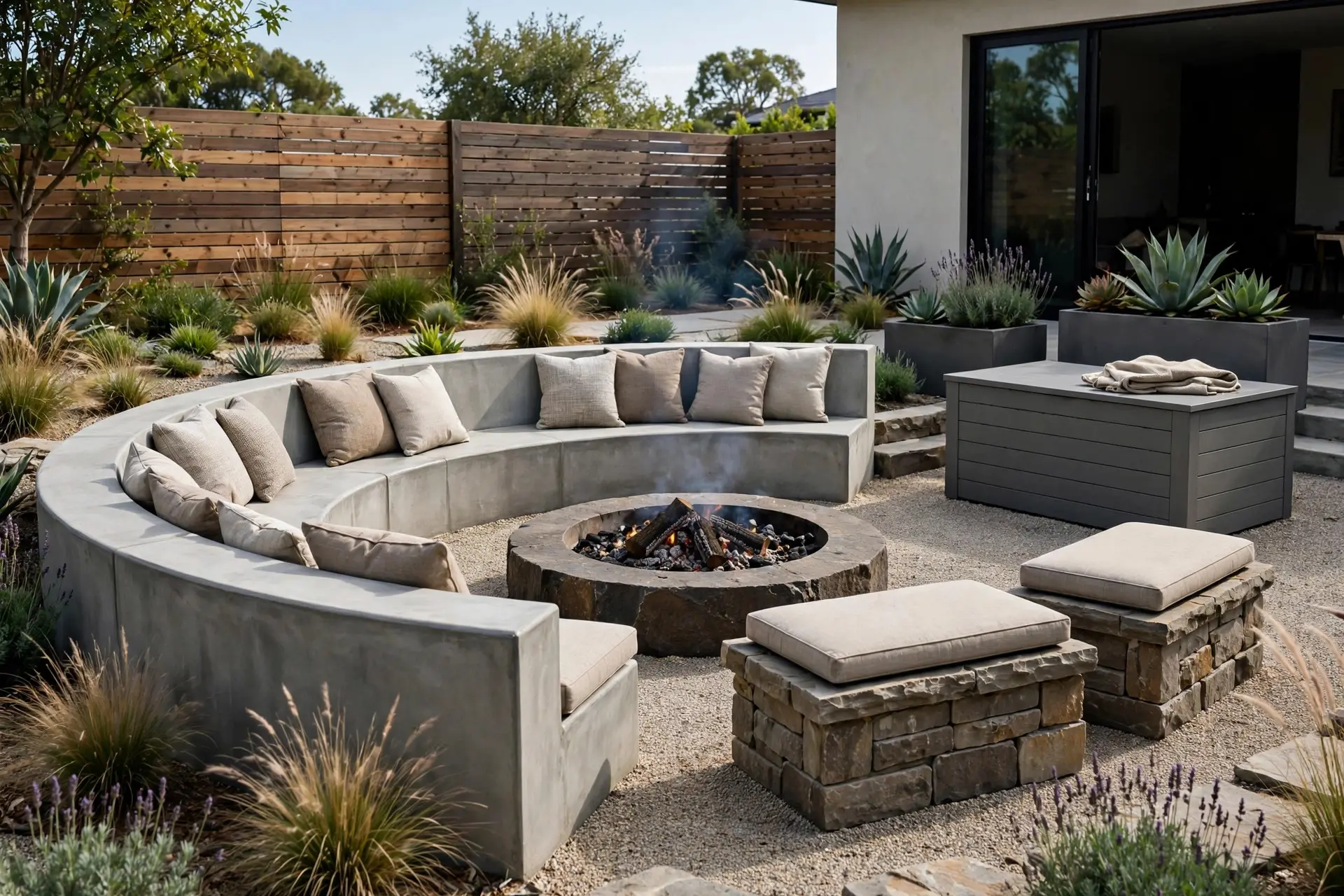Fire Pit Seating Area Ideas That People Actually Want to Sit In 6 Stone and concrete fire pit seating area with weatherproof cushions and storage box