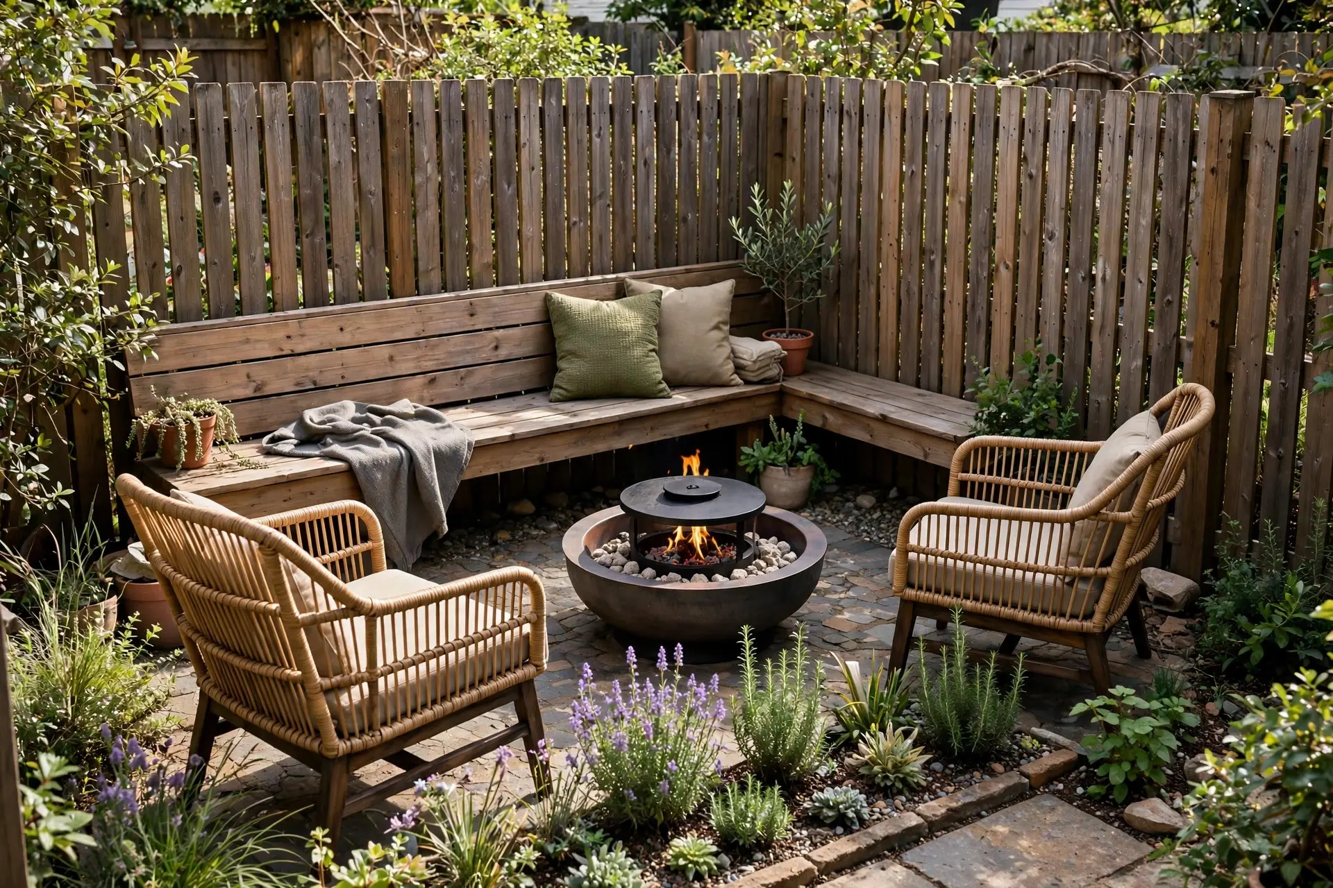 Fire Pit Seating Area Ideas That People Actually Want to Sit In 7 Compact propane fire pit seating area in a small yard with a bench along the fence