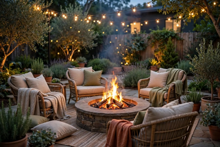 Cozy backyard fire pit seating area with chairs, cushions, and string lights at dusk