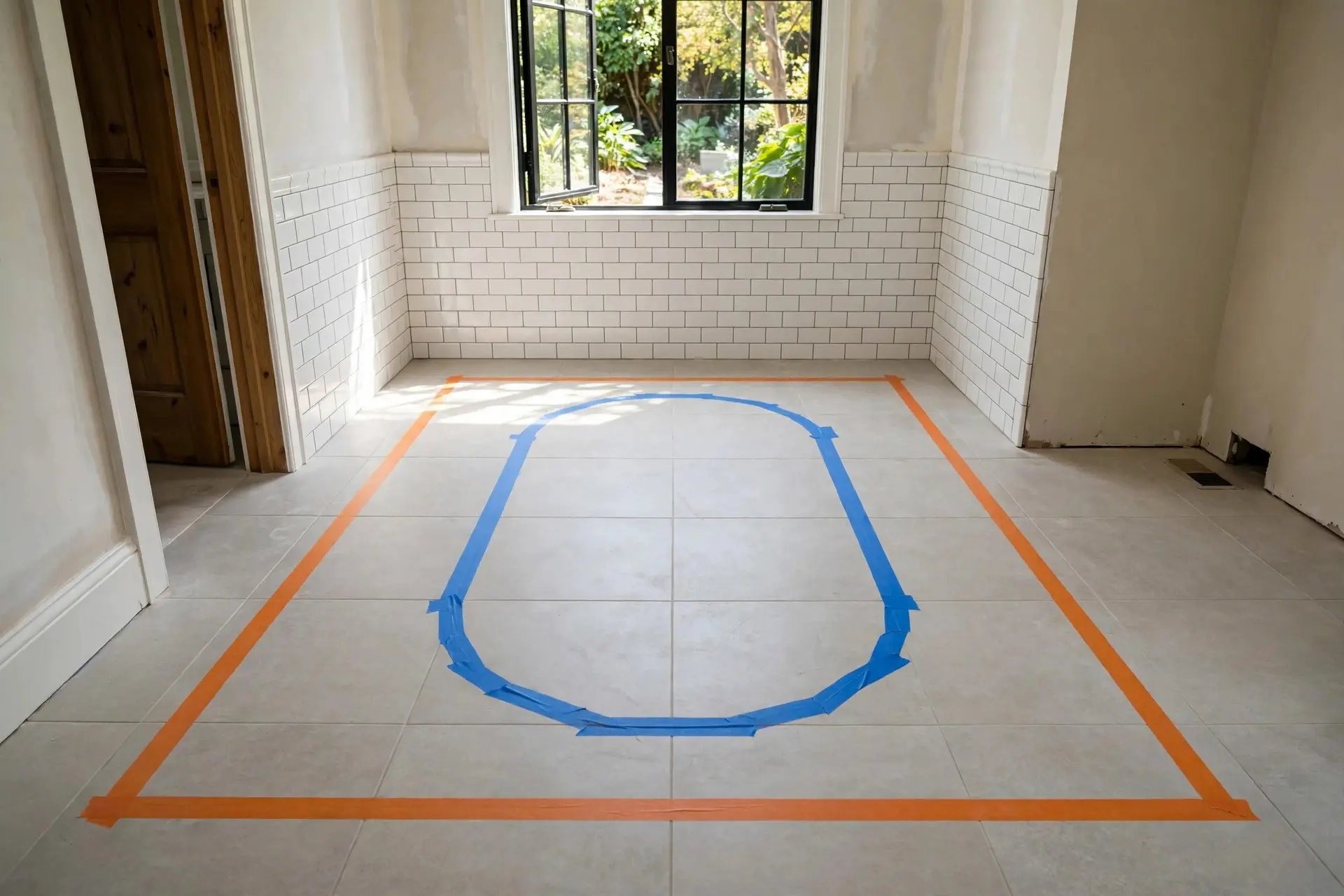 Painter's tape footprint and clearance zone on a bathroom floor, planning before buying a freestanding tub