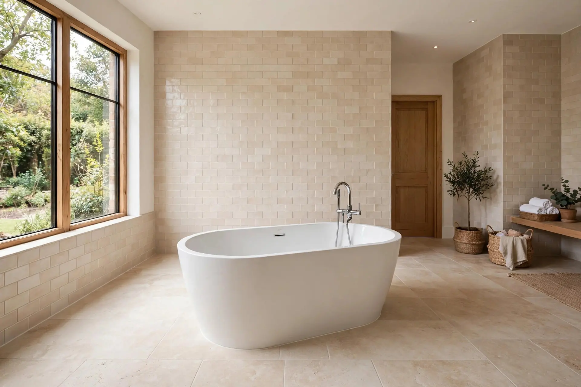 Freestanding tub with generous clear space on every side, the clearance a freestanding tub really needs