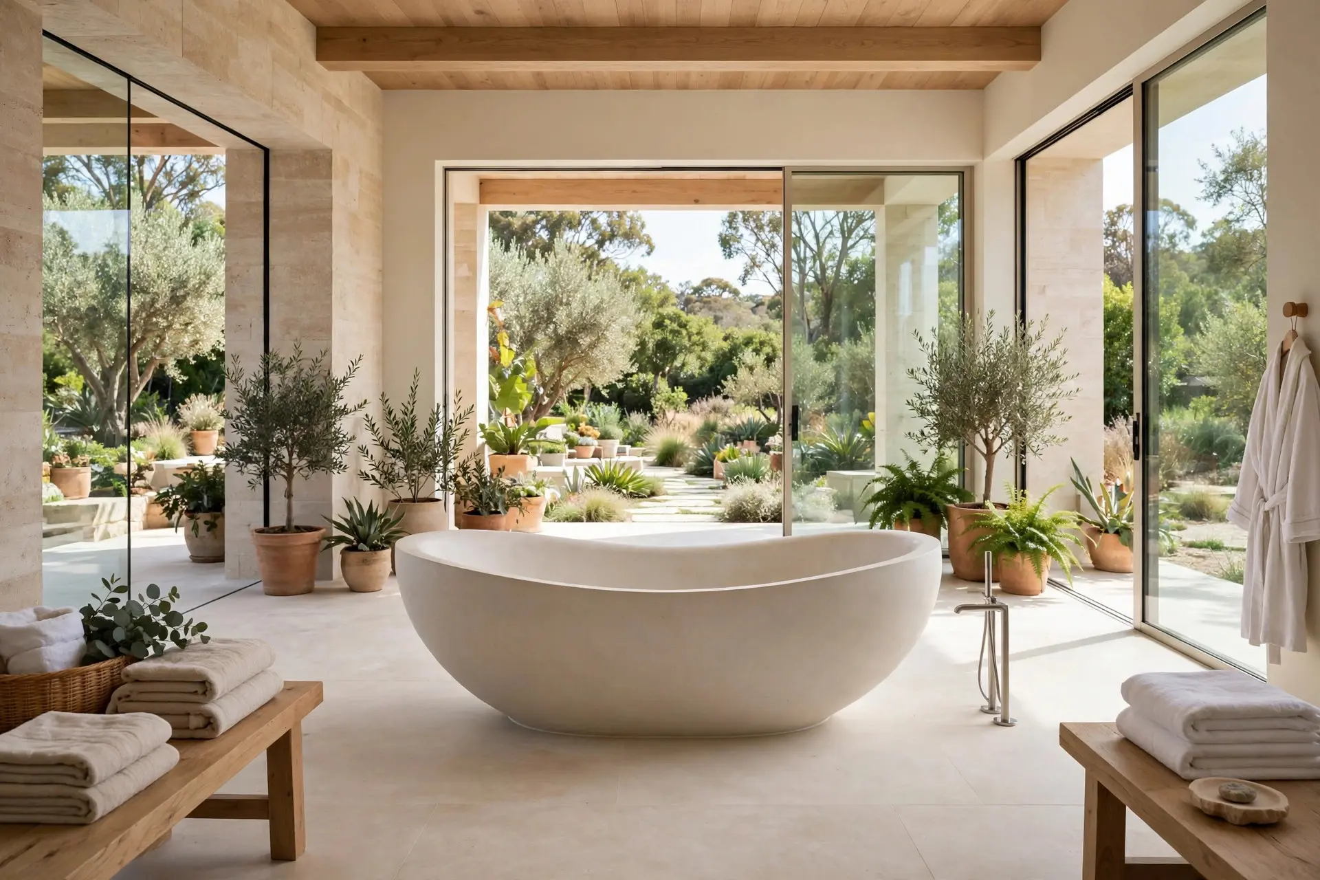Sculptural egg-shaped freestanding tub in a spacious bathroom, a dramatic freestanding tub shape