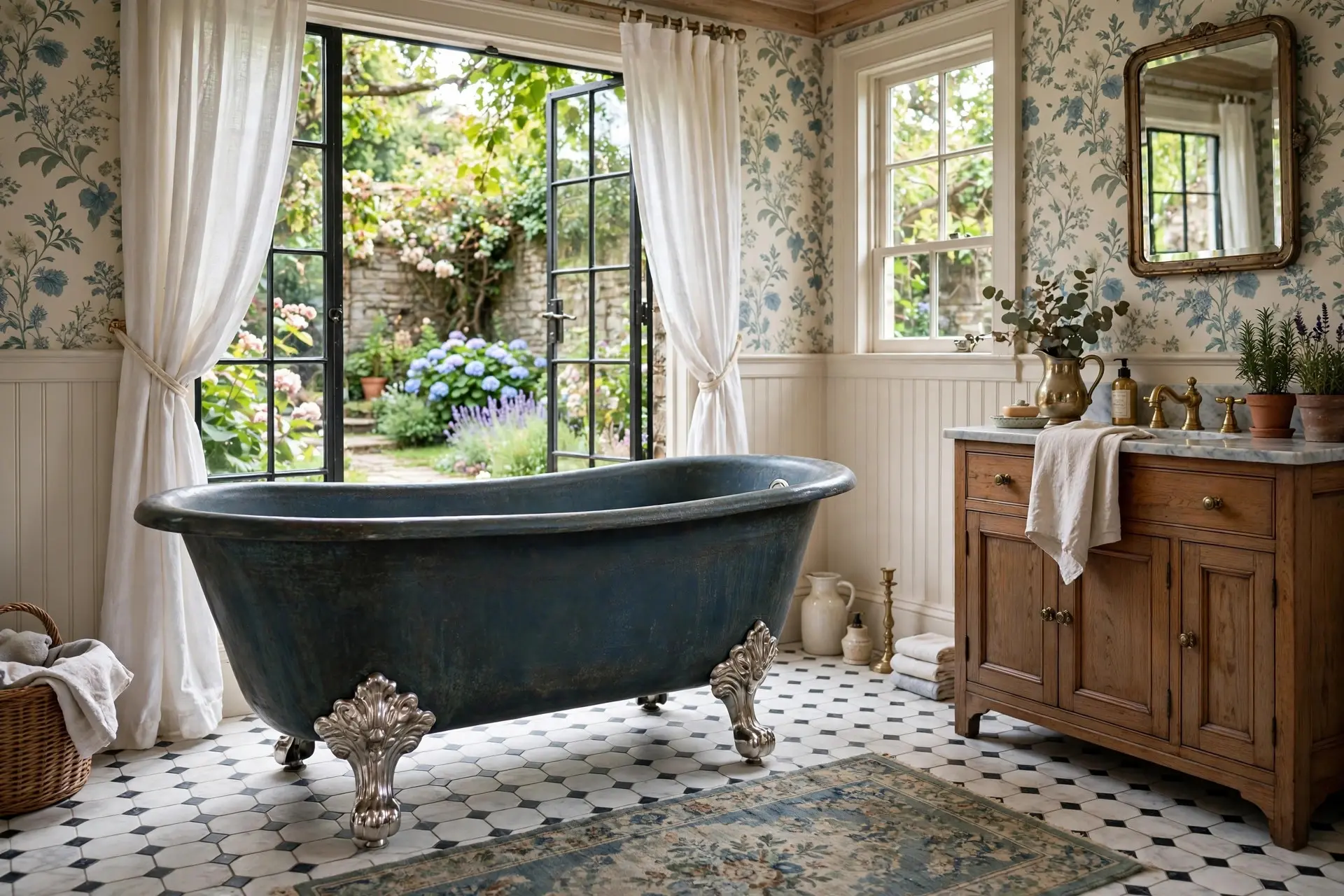 Vintage cast iron clawfoot freestanding tub with ornate feet in a traditional bathroom
