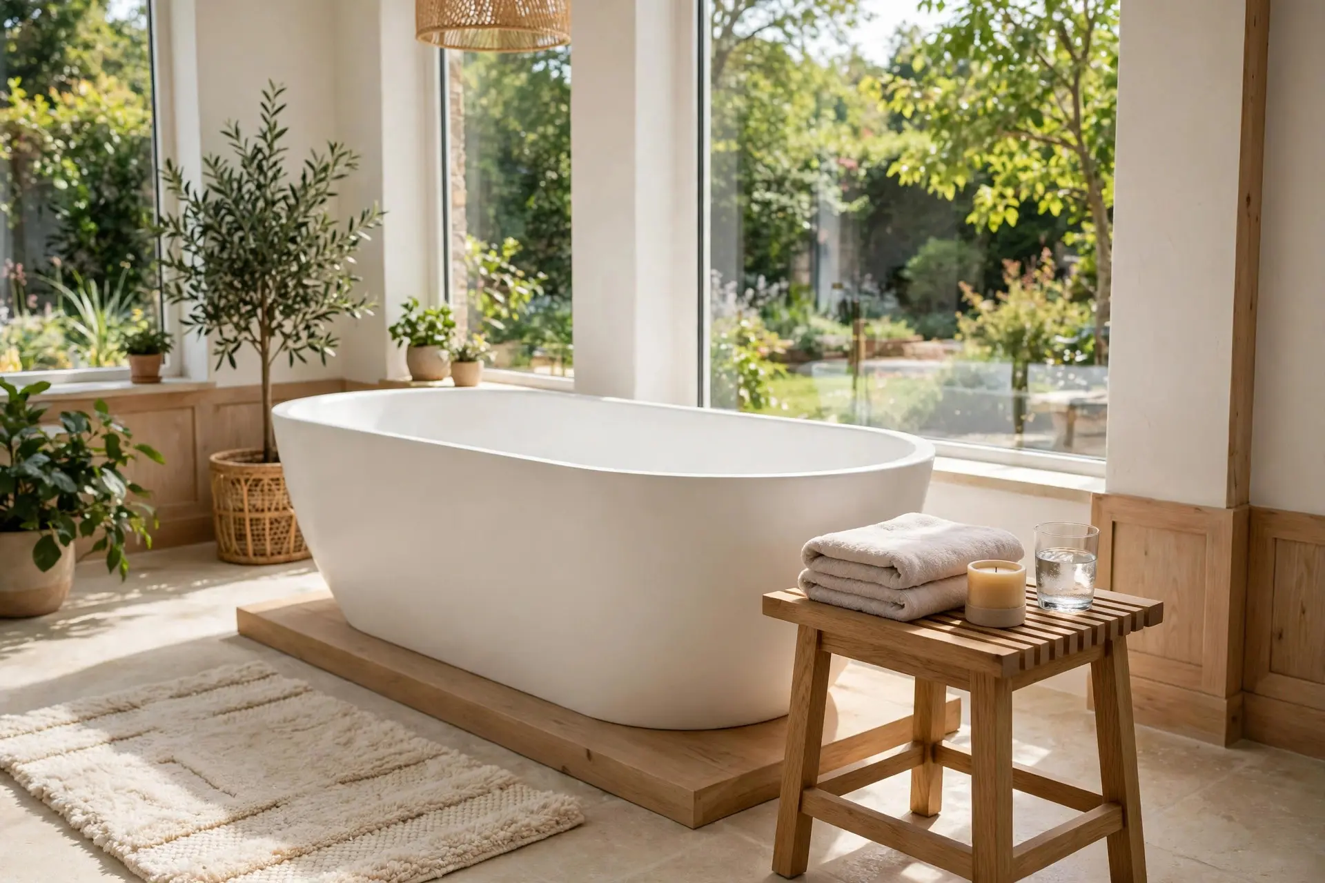 Freestanding tub styled with a side table, towel, candle and bath rug so it looks intentional