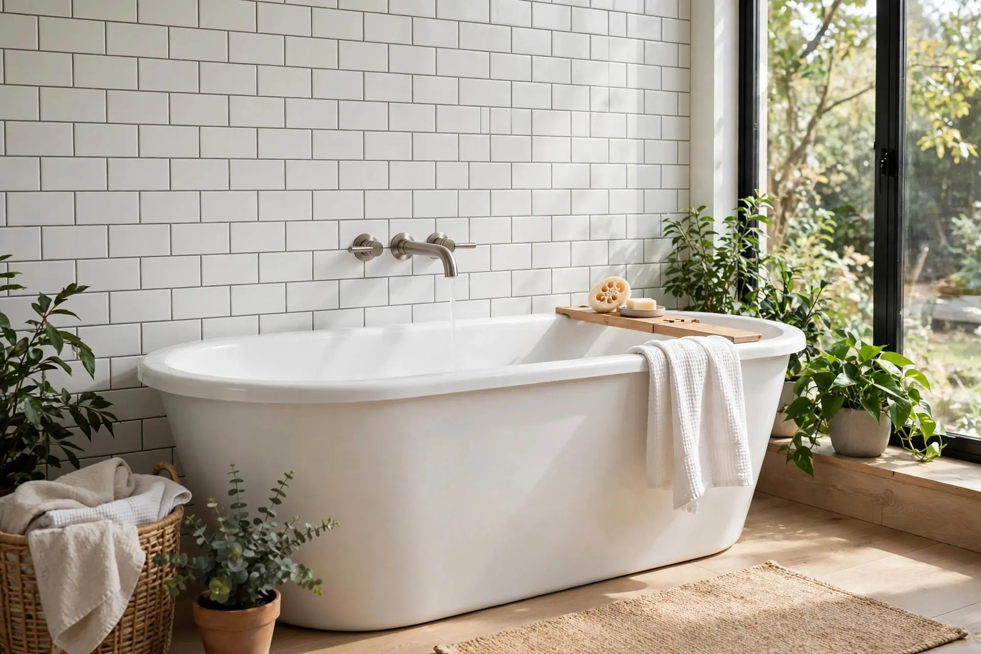 Freestanding tub against a tiled wall with a wall-mounted tub filler, the tidy freestanding tub faucet option