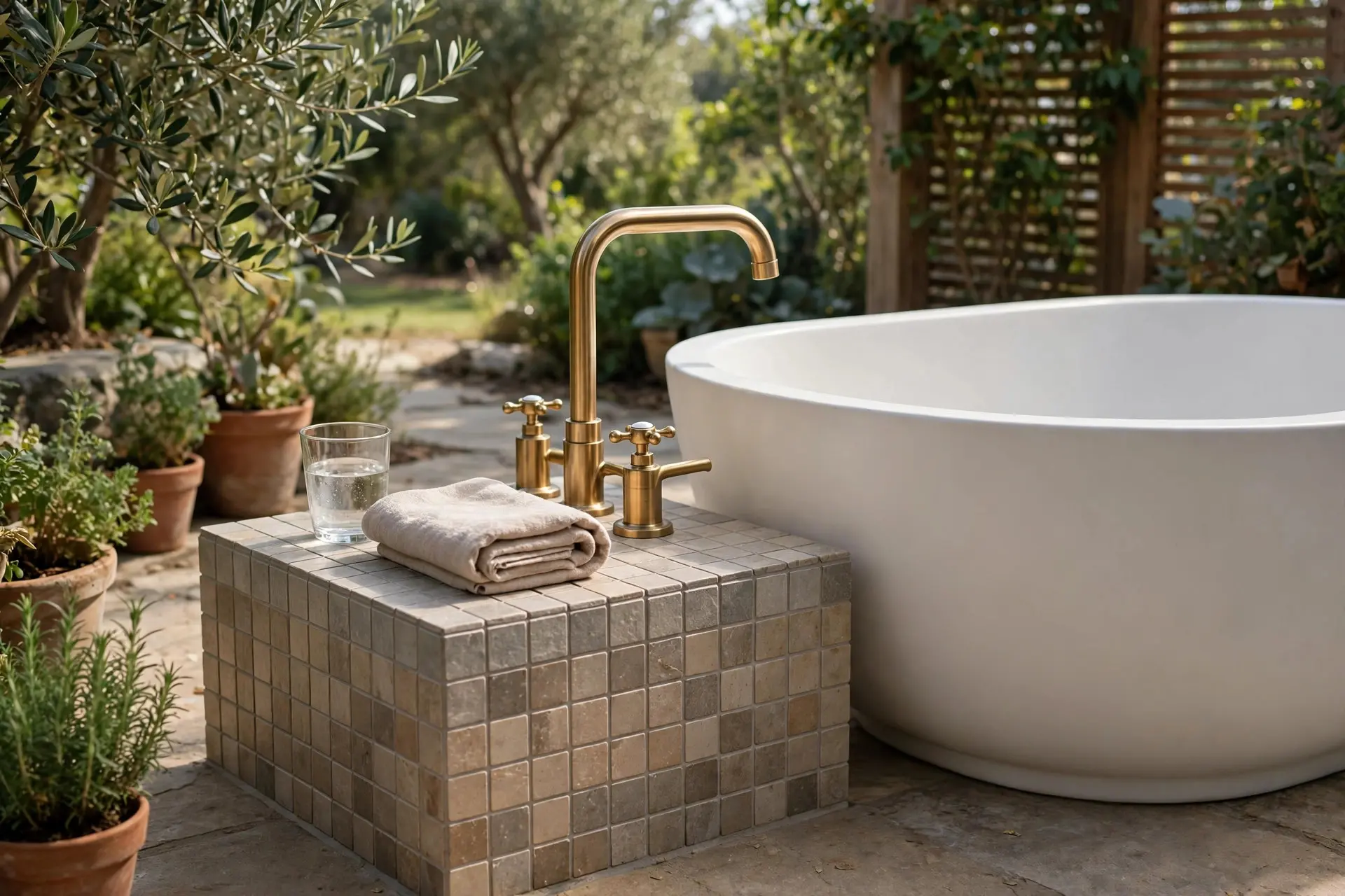 Tiled plinth beside a freestanding tub with a deck-mounted faucet and a glass on the ledge