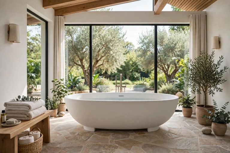 Elegant freestanding oval soaking tub in a bright modern bathroom, the centerpiece of freestanding tub ideas