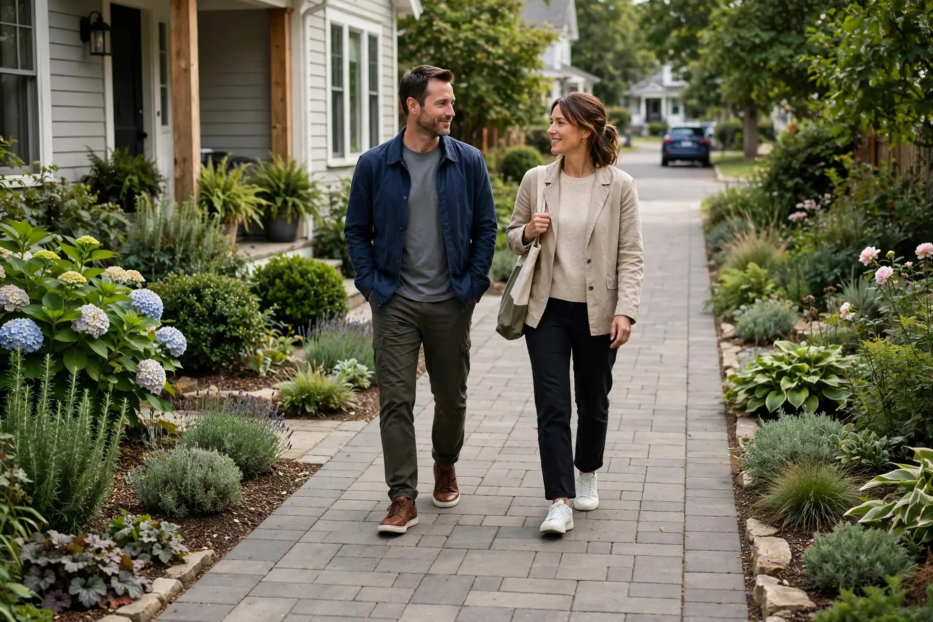 Garden Path Width: How Wide to Make a Walkway 1 Two people walking side by side on a wide 48-inch front walkway, illustrating proper garden path width for main entrances