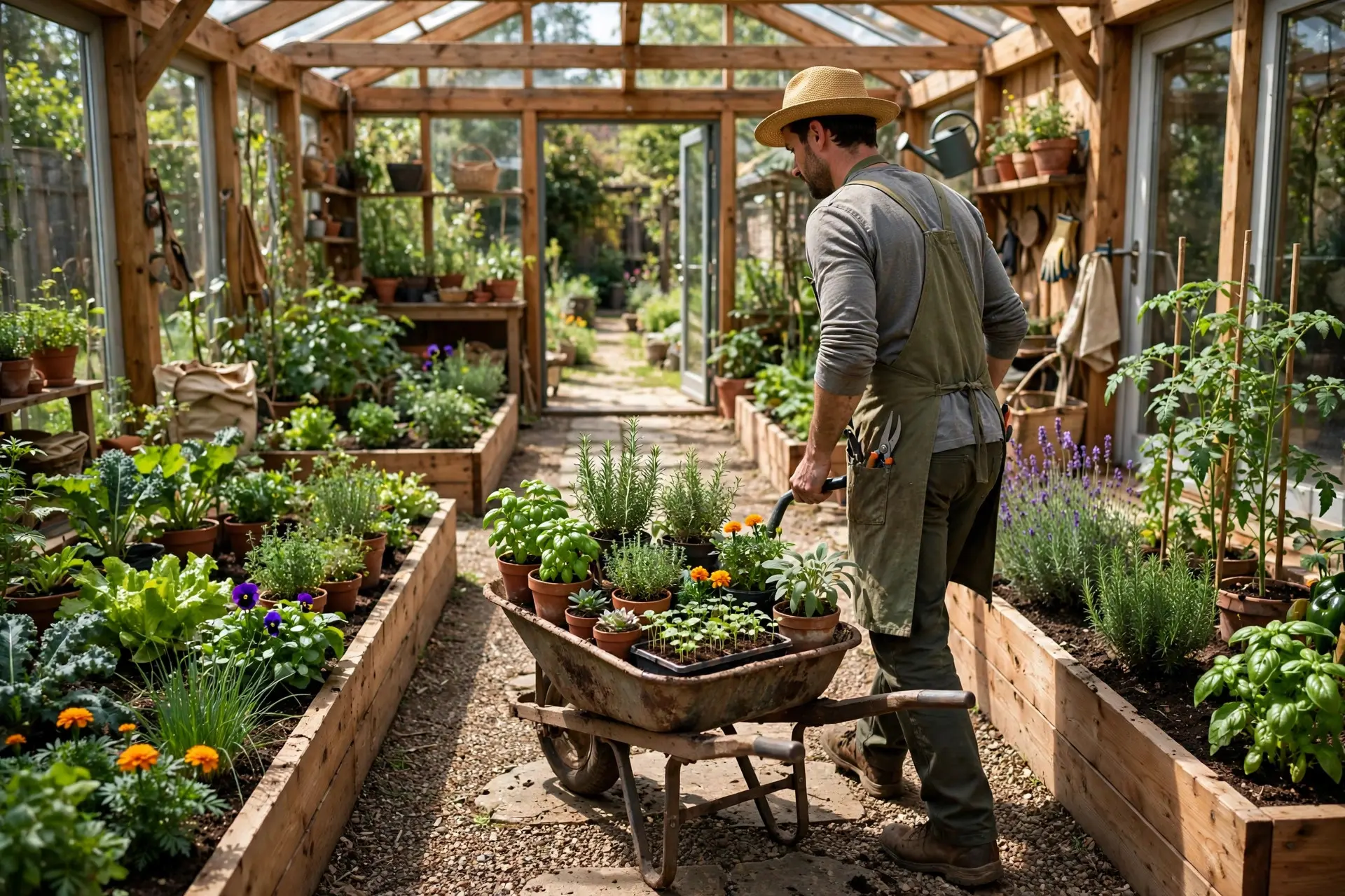 Garden Path Width: How Wide to Make a Walkway 3 Gardener pushing a wheelbarrow full of plants down a wide garden path, demonstrating how garden path width must fit equipment
