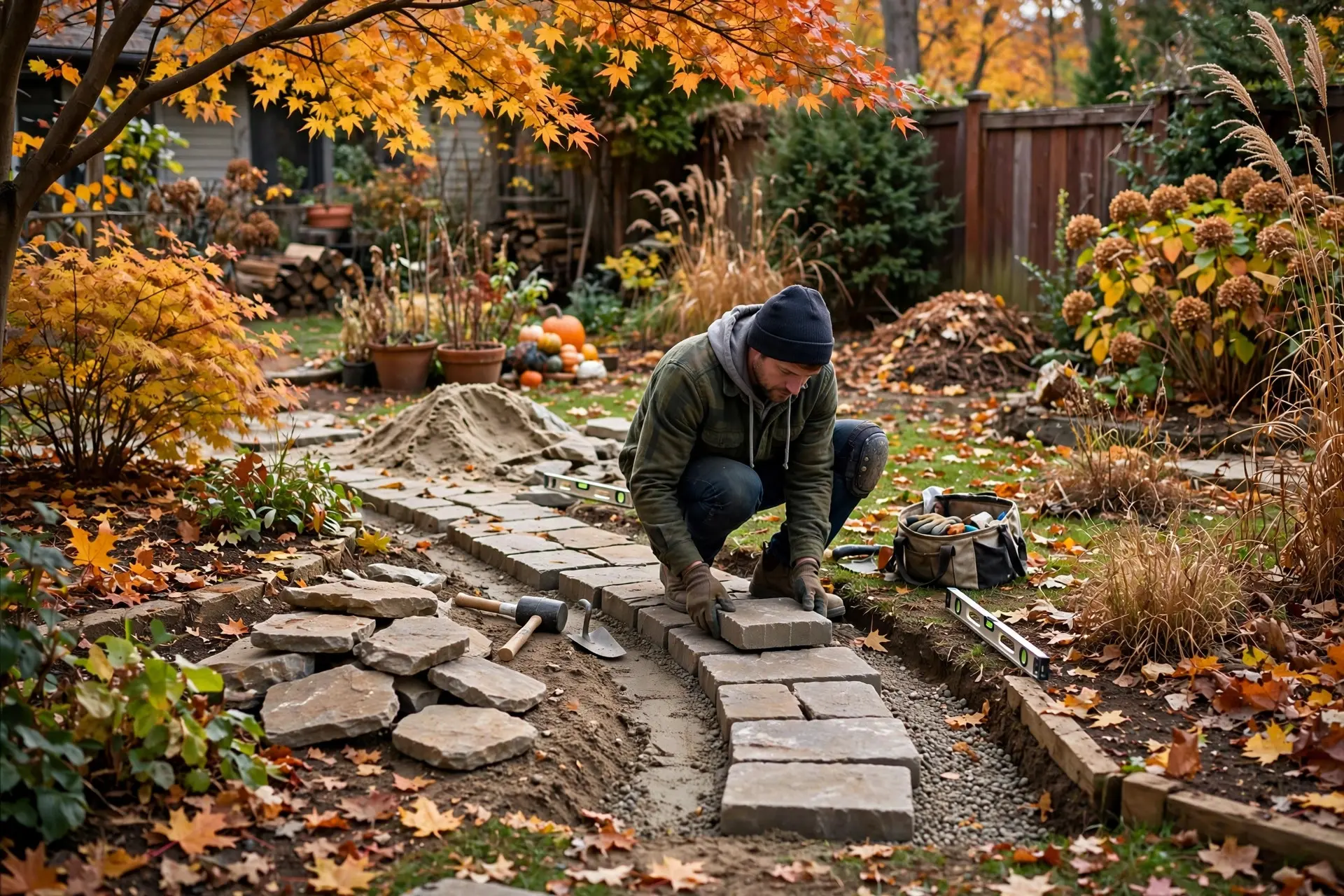 Garden Path Width: How Wide to Make a Walkway 7 Laying stone pavers for a garden path in an autumn garden, the ideal season for building with correct garden path width