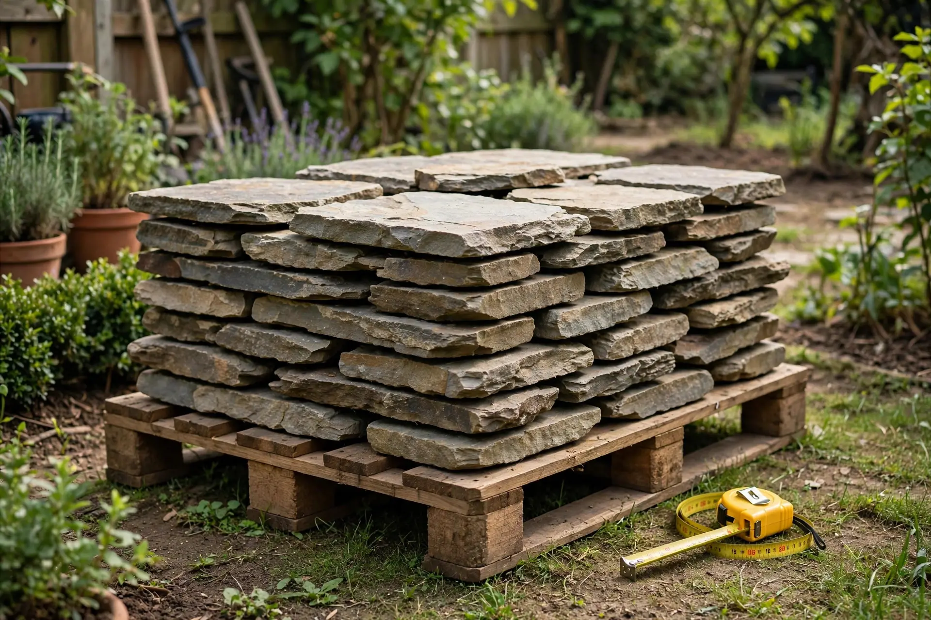 Garden Path Width: How Wide to Make a Walkway 9 Pallet of flagstone pavers with a tape measure before ordering stone for a garden path width project
