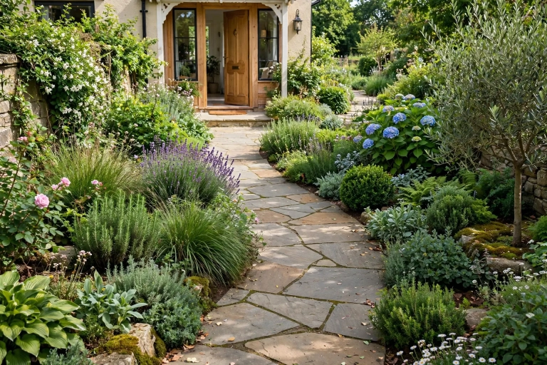 Wide stone garden path leading through a lush garden, showing ideal garden path width from the front door
