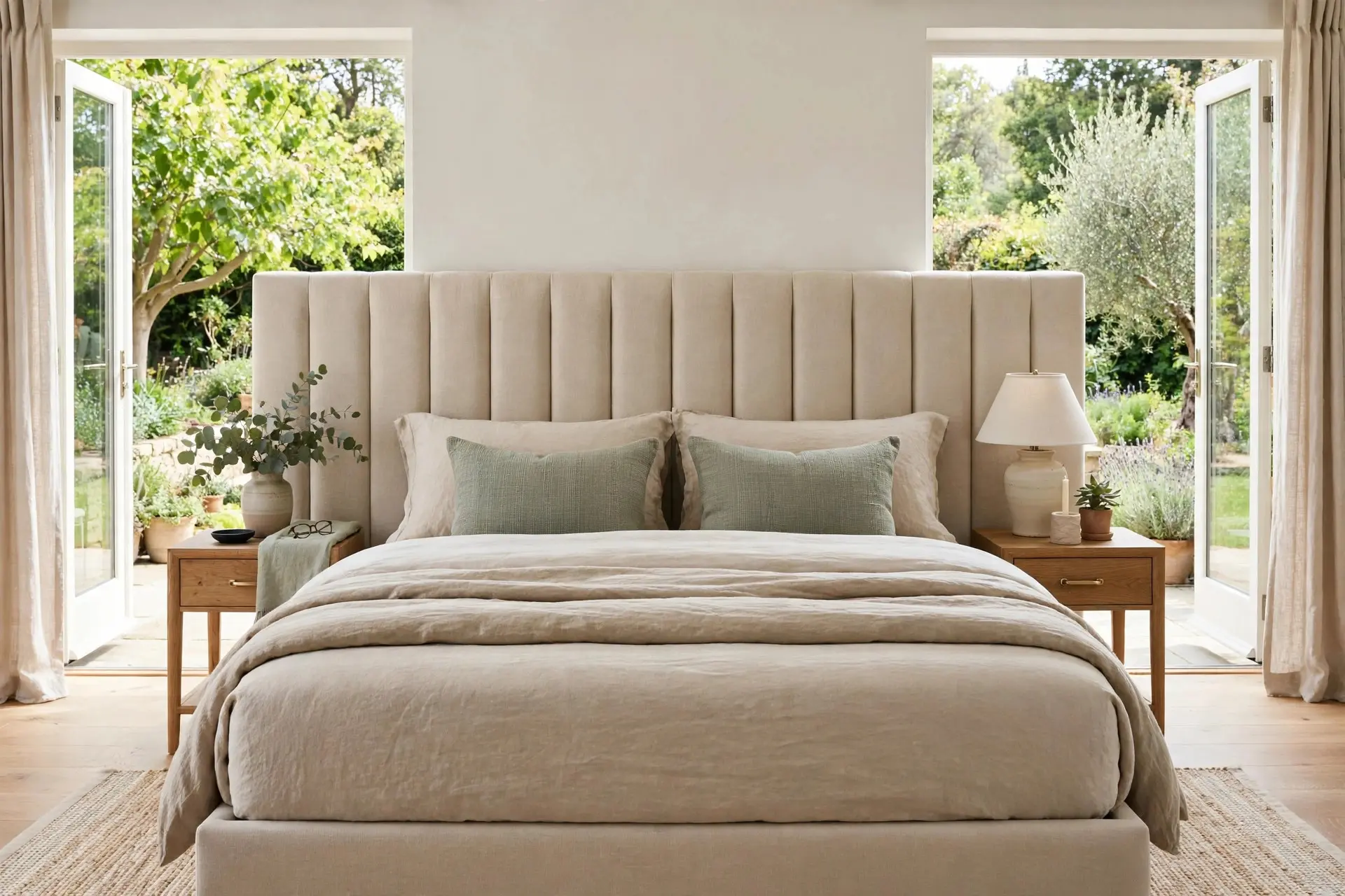 Front view of a queen bed with an upholstered headboard matching the mattress width, standard headboard height proportions