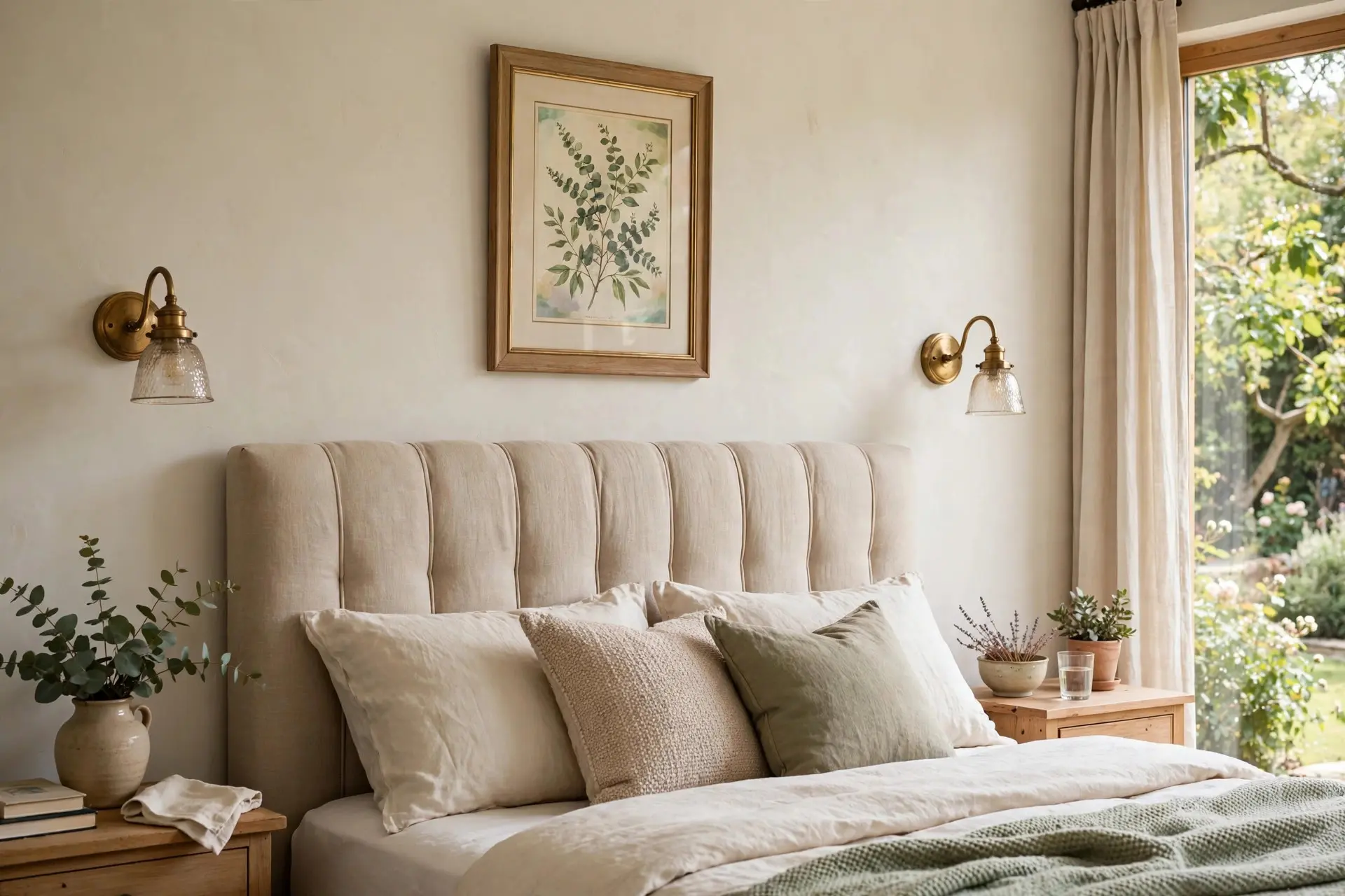 Bedroom wall with an upholstered headboard flanked by sconces and framed artwork above it
