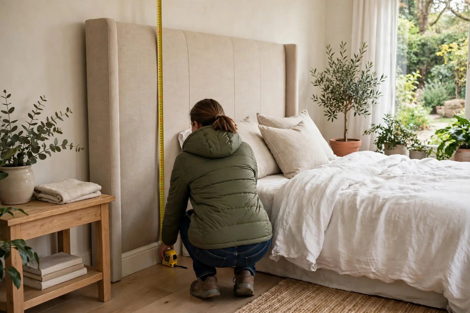 Person measuring a headboard with a tape measure from the floor before buying the right headboard height