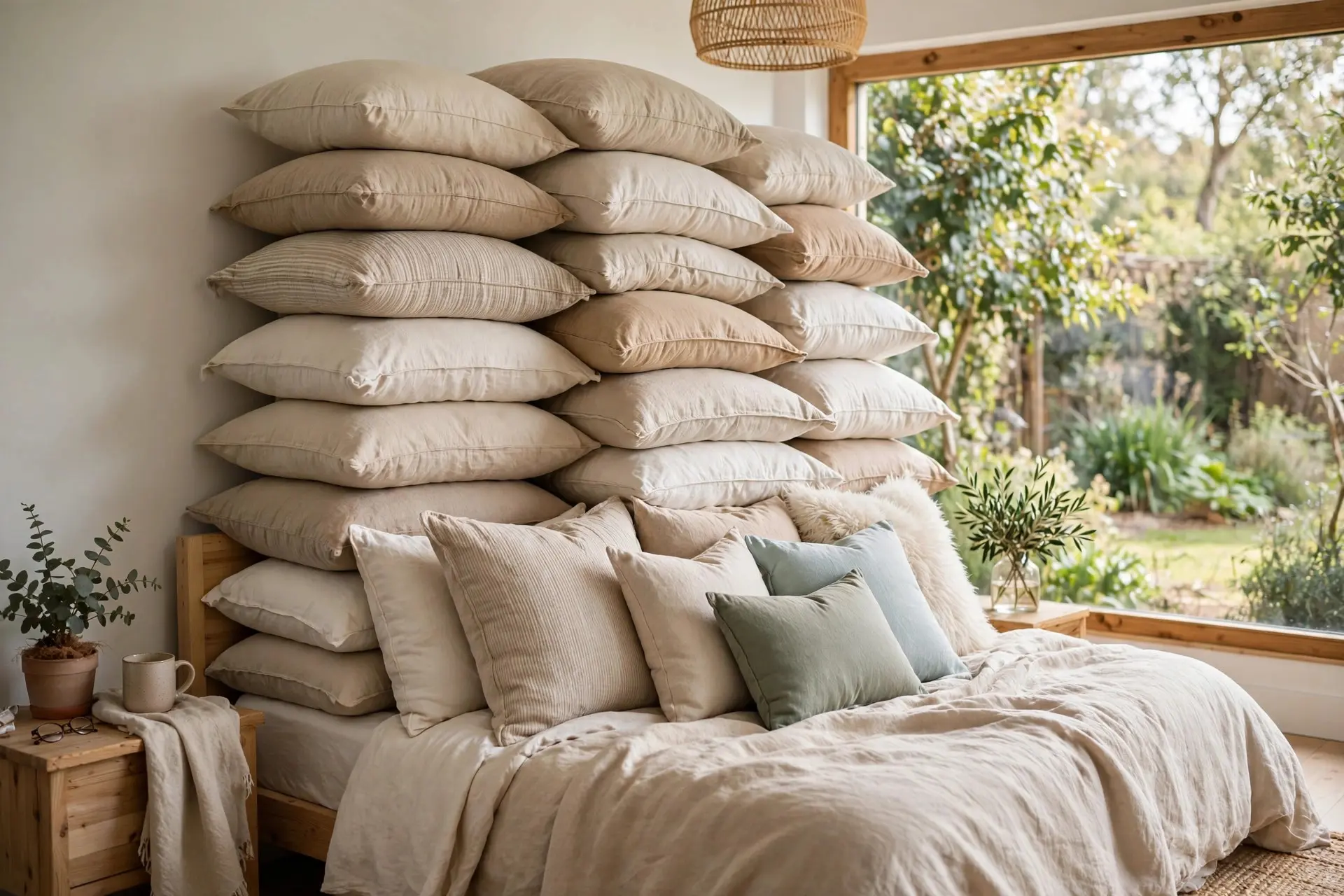 Bed with a small low headboard hidden behind a tall pile of pillows, a common headboard height mistake