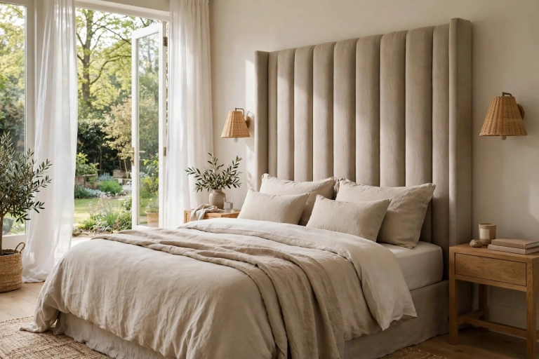 Bedroom with a tall upholstered linen headboard rising well above the pillows for the right headboard height