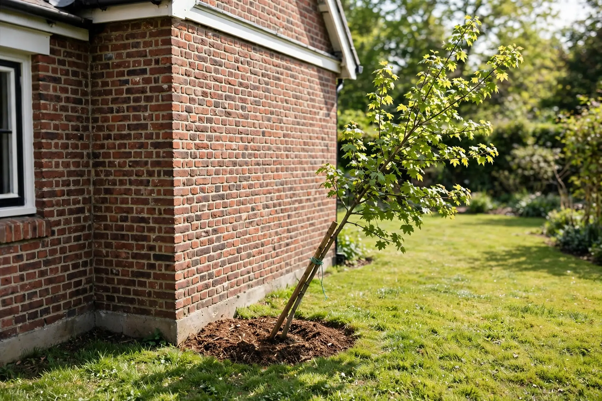 Young tree planted near the corner of a house showing corner planting and how far to plant trees from a house