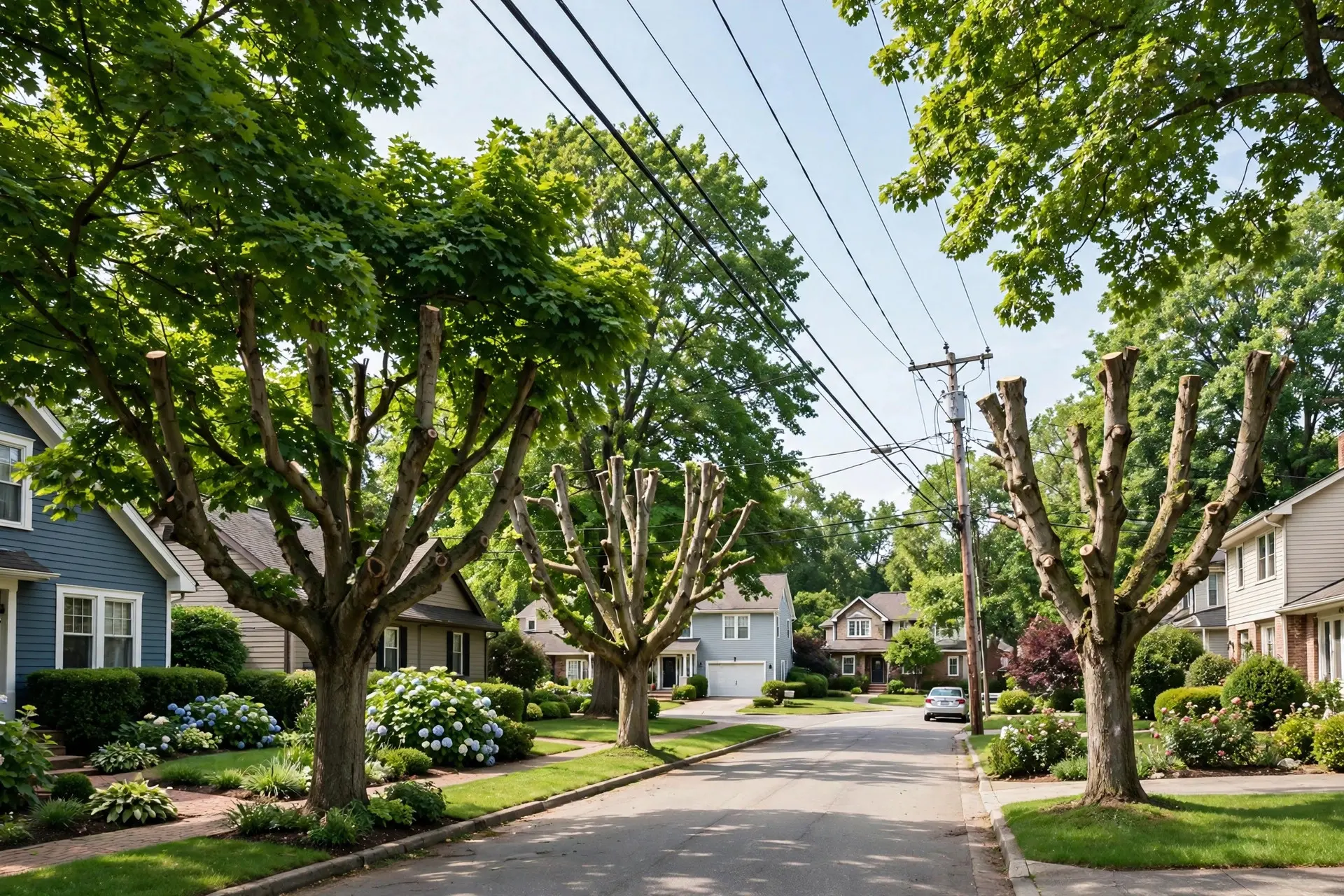 Trees growing near overhead power lines with branches cleared, a spacing factor for how far to plant trees from a house