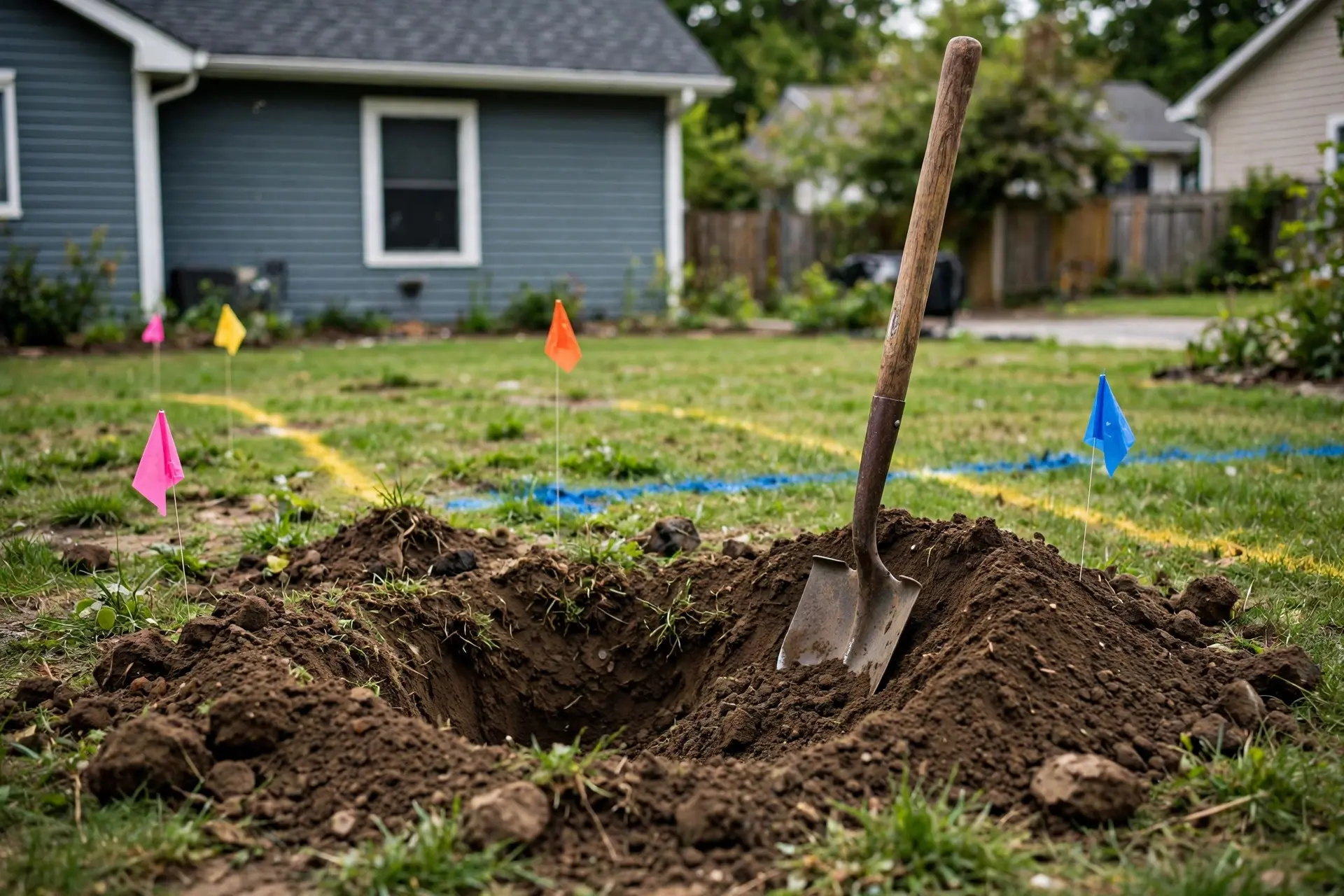 Utility marking flags around a fresh planting hole for safe digging when deciding how far to plant trees from a house