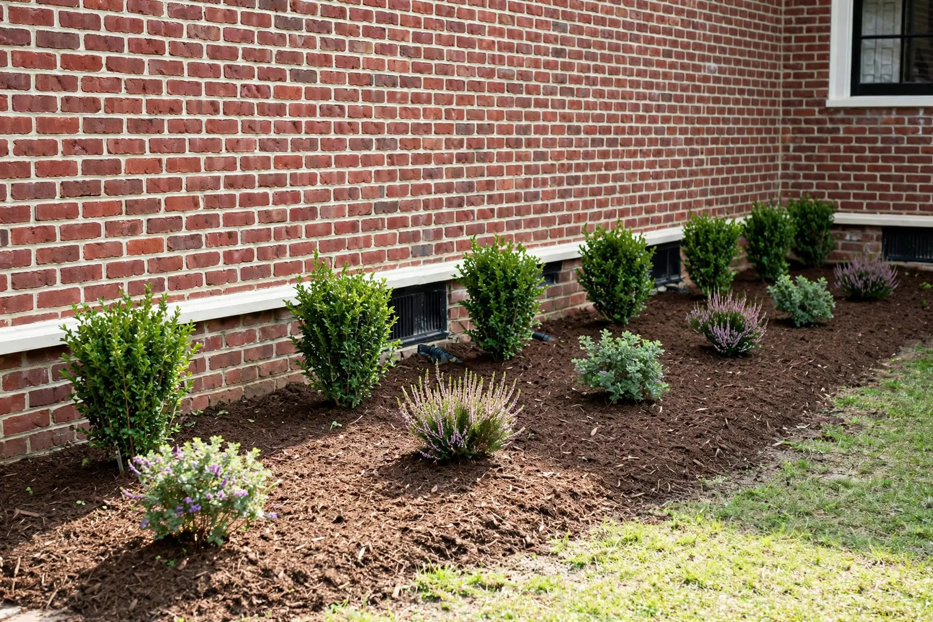 Low shrubs planted along a house foundation bed instead of trees, part of how far to plant trees from a house planning