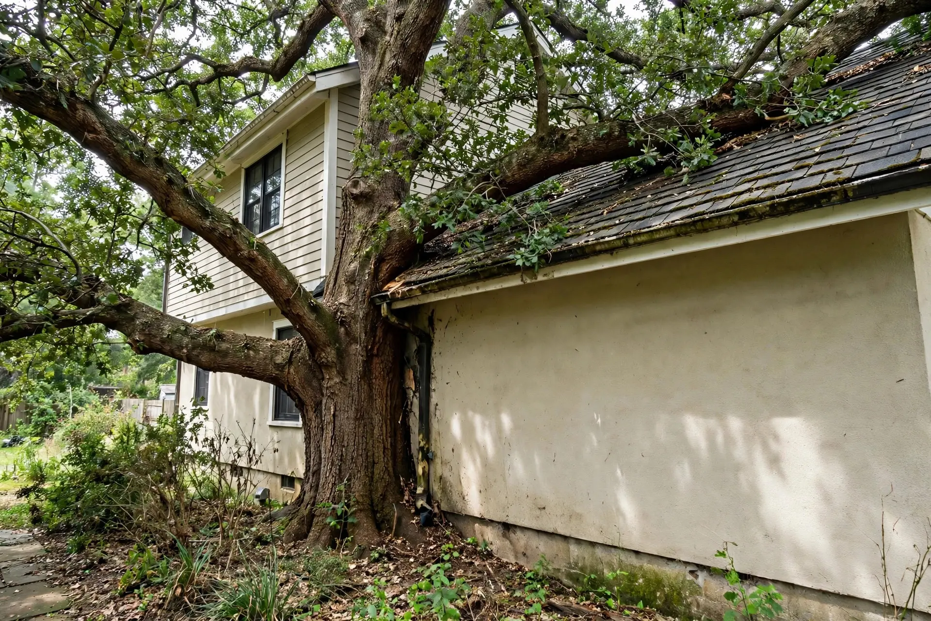 Oversized tree planted too close to a house with branches on the roof, showing the risk of ignoring how far to plant trees from a house