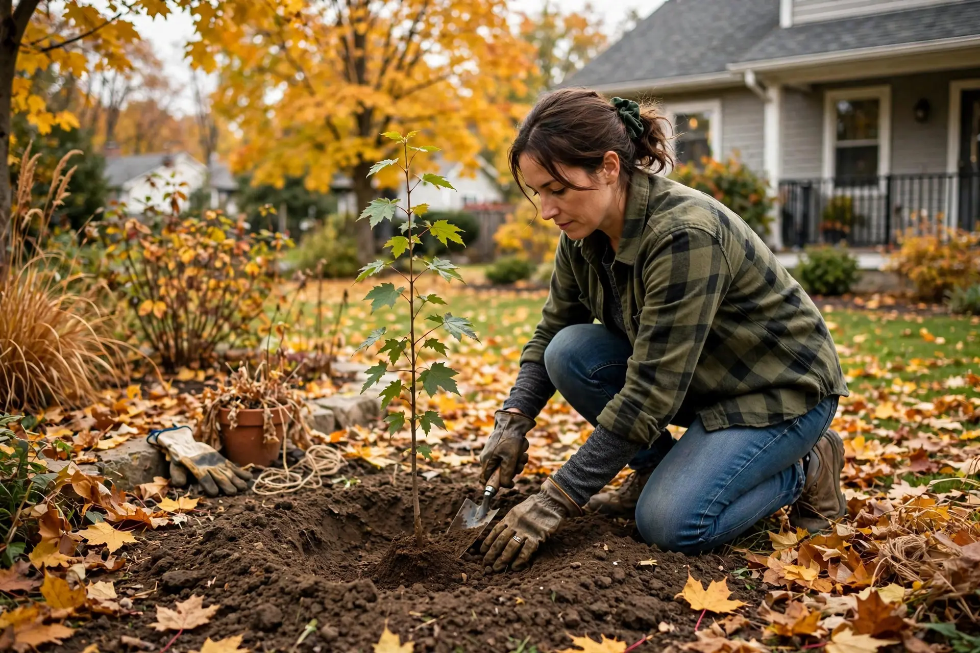 Gardener planting a young sapling in autumn soil, best timing when deciding how far to plant trees from a house
