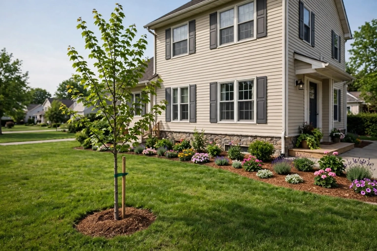 Young tree planted at the proper distance from a house showing how far to plant trees from a house