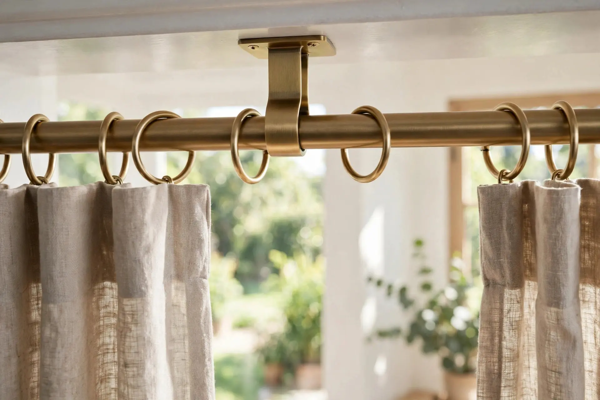 How High to Hang Curtains: The Measurements That Make a Room Look Taller 9 Center support bracket on a long curtain rod letting rings pass, a small detail that matters when hanging curtains