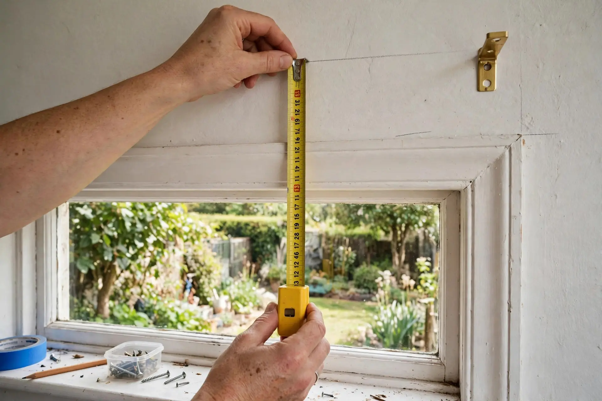 How High to Hang Curtains: The Measurements That Make a Room Look Taller 2 Hands measuring from the top of a window frame to the pencil mark for the bracket, measuring how high to hang curtains before drilling