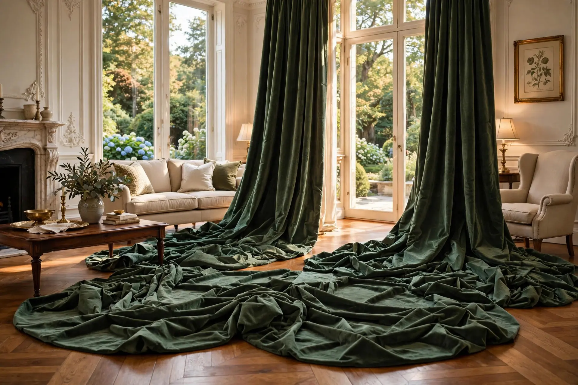 How High to Hang Curtains: The Measurements That Make a Room Look Taller 6 Formal living room with curtains pooling in a full puddle on the floor, a dramatic option for hanging curtains