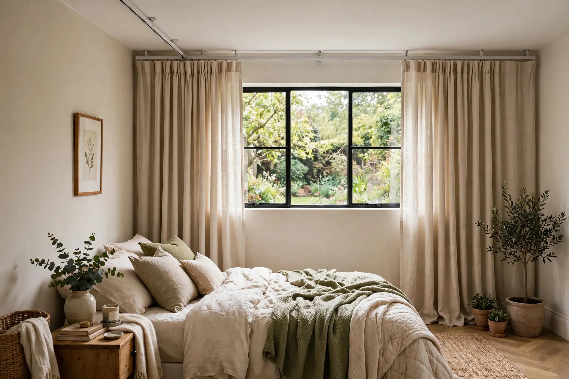 How High to Hang Curtains: The Measurements That Make a Room Look Taller 8 Bedroom with a ceiling-mounted curtain track for a window that sits close to the ceiling, an awkward-window solution for hanging curtains