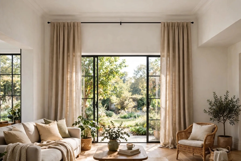 Living room with curtains hung high near the ceiling, showing how high to hang curtains to make a room look taller