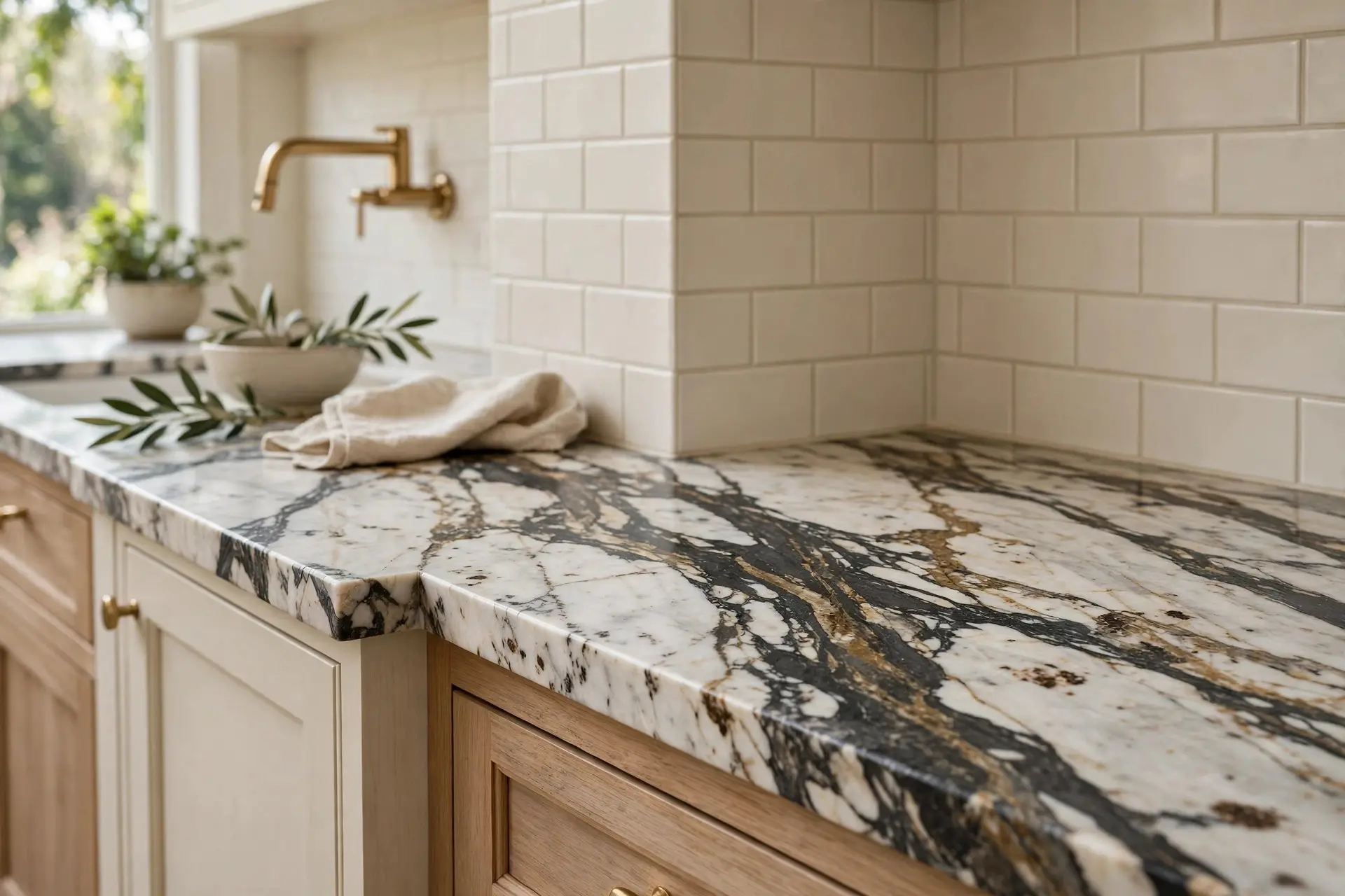 Kitchen Backsplash Ideas: How to Pick One You Will Still Like in Five Years 1 Dramatic veined marble countertop paired with a quiet plain cream kitchen backsplash