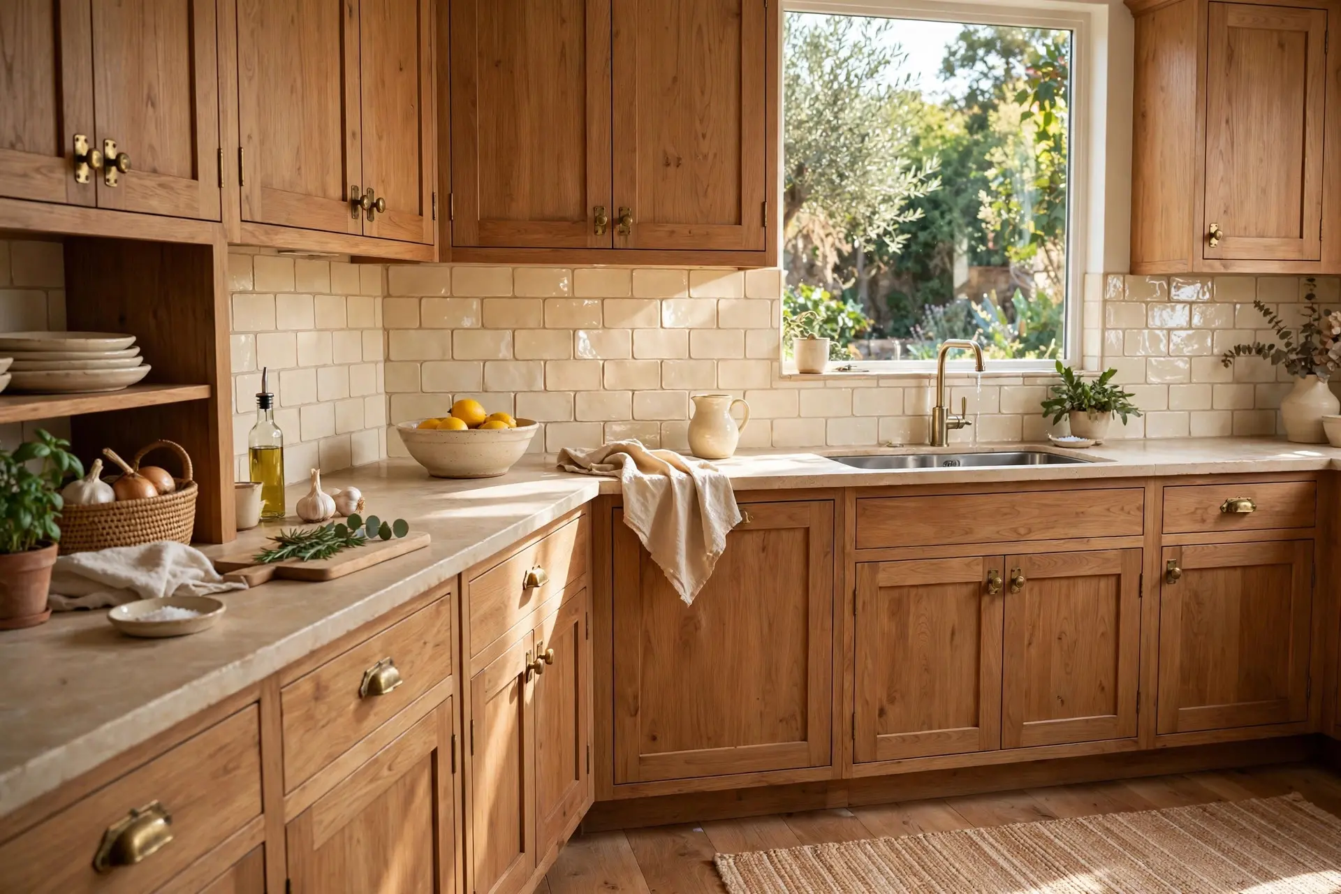 Kitchen Backsplash Ideas: How to Pick One You Will Still Like in Five Years 2 Warm wood cabinets with a warm cream handmade ceramic kitchen backsplash in matching undertones